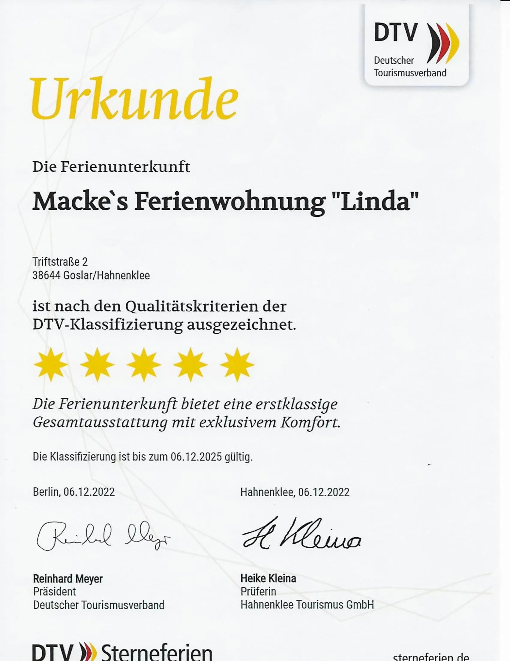 Certificate/Award in Macke`s Ferienwohnungen