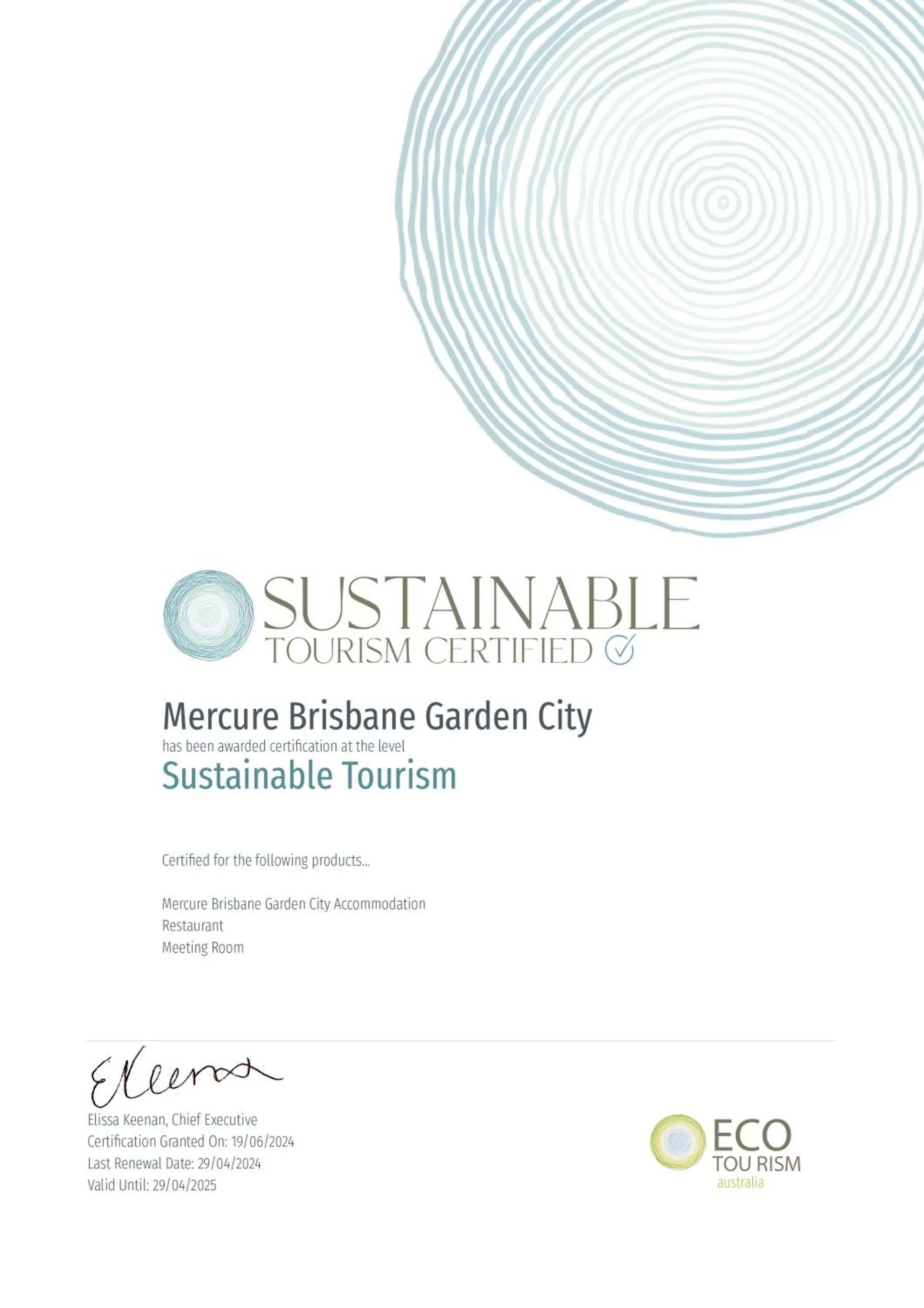 Logo/Certificate/Sign in Mercure Brisbane Garden City