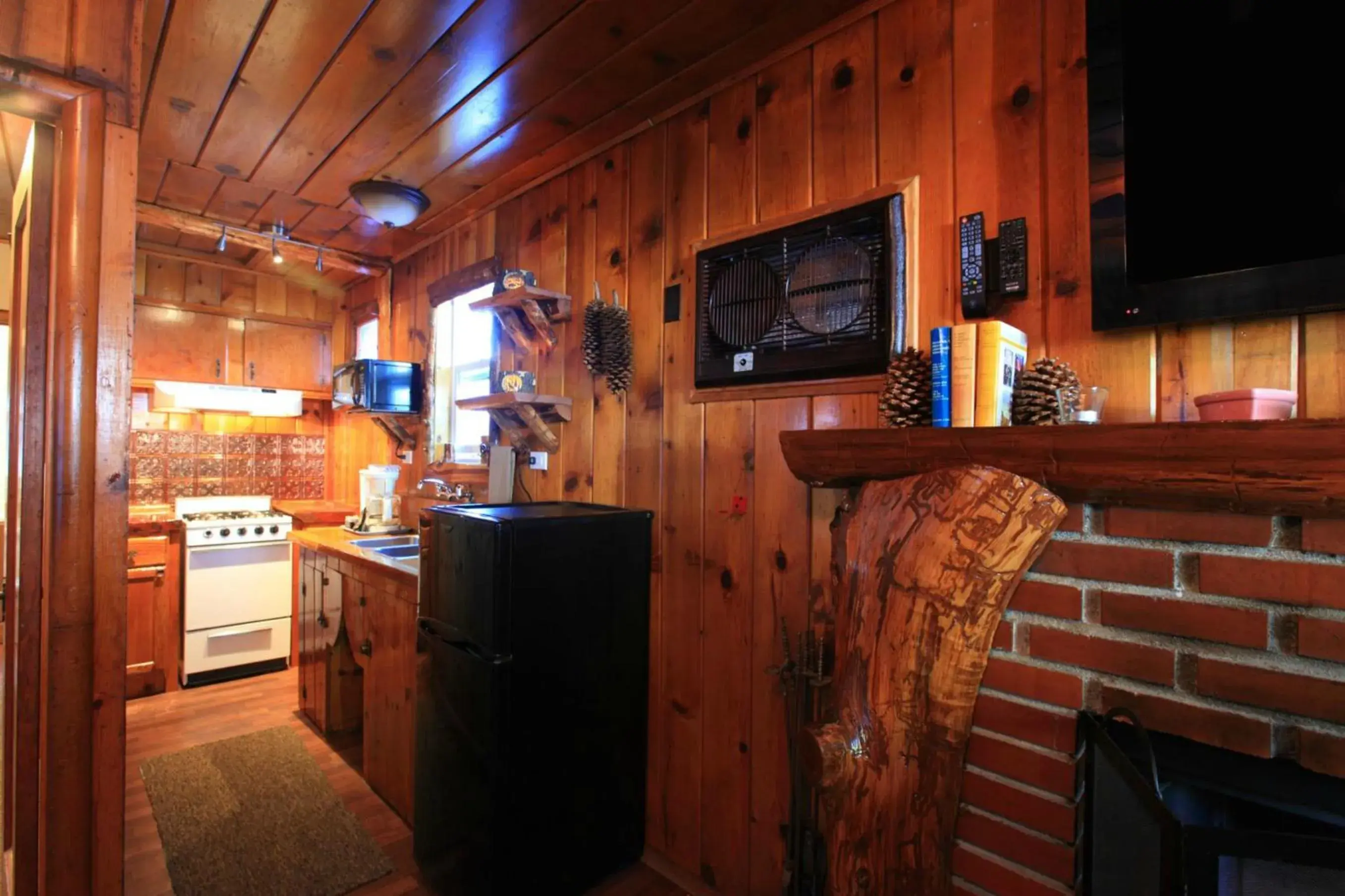 Kitchen or kitchenette, TV/Entertainment Center in Sleepy Hollow Cabins & Hotel