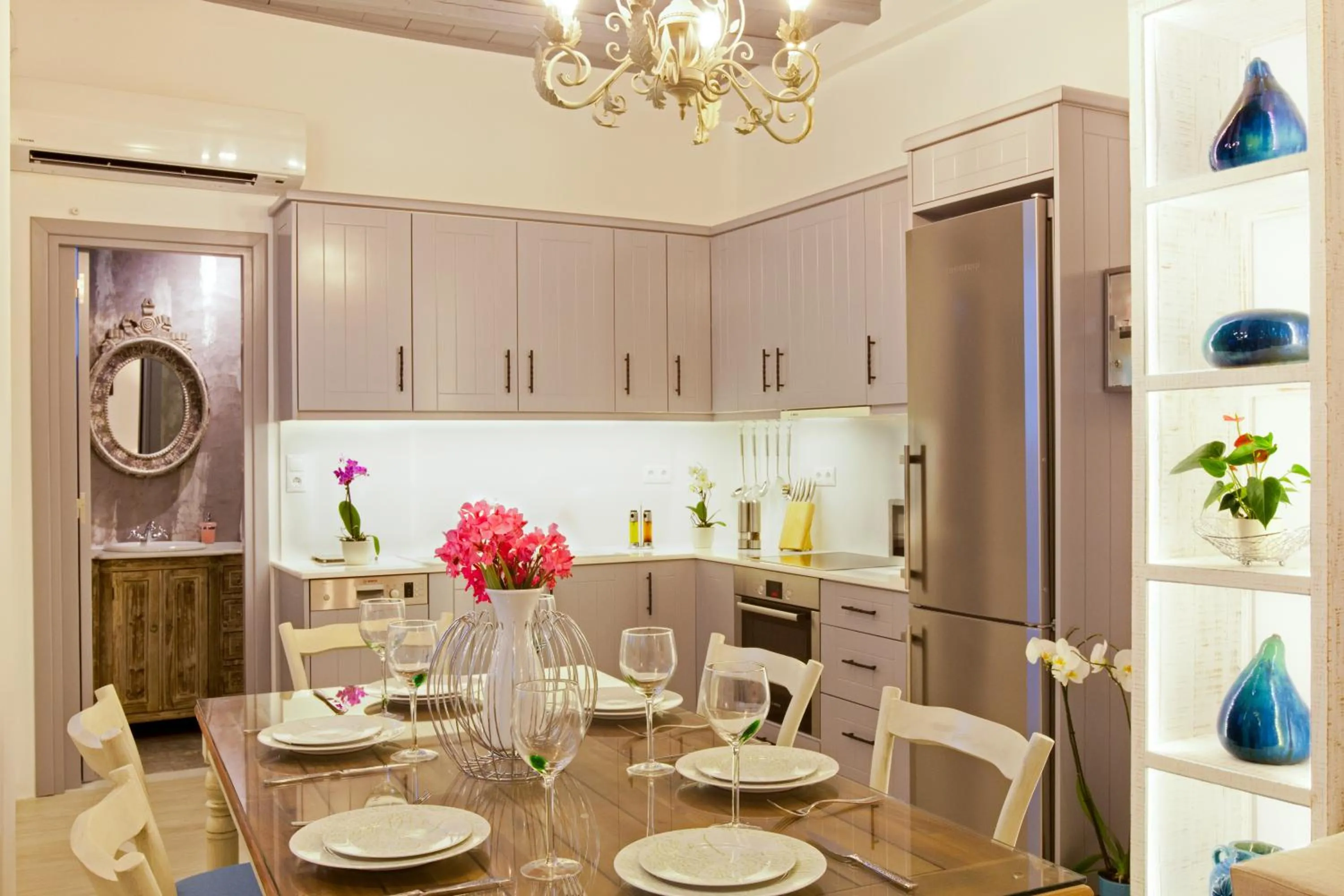 Kitchen or kitchenette in Lindos Shore Boutique Villa with sea view