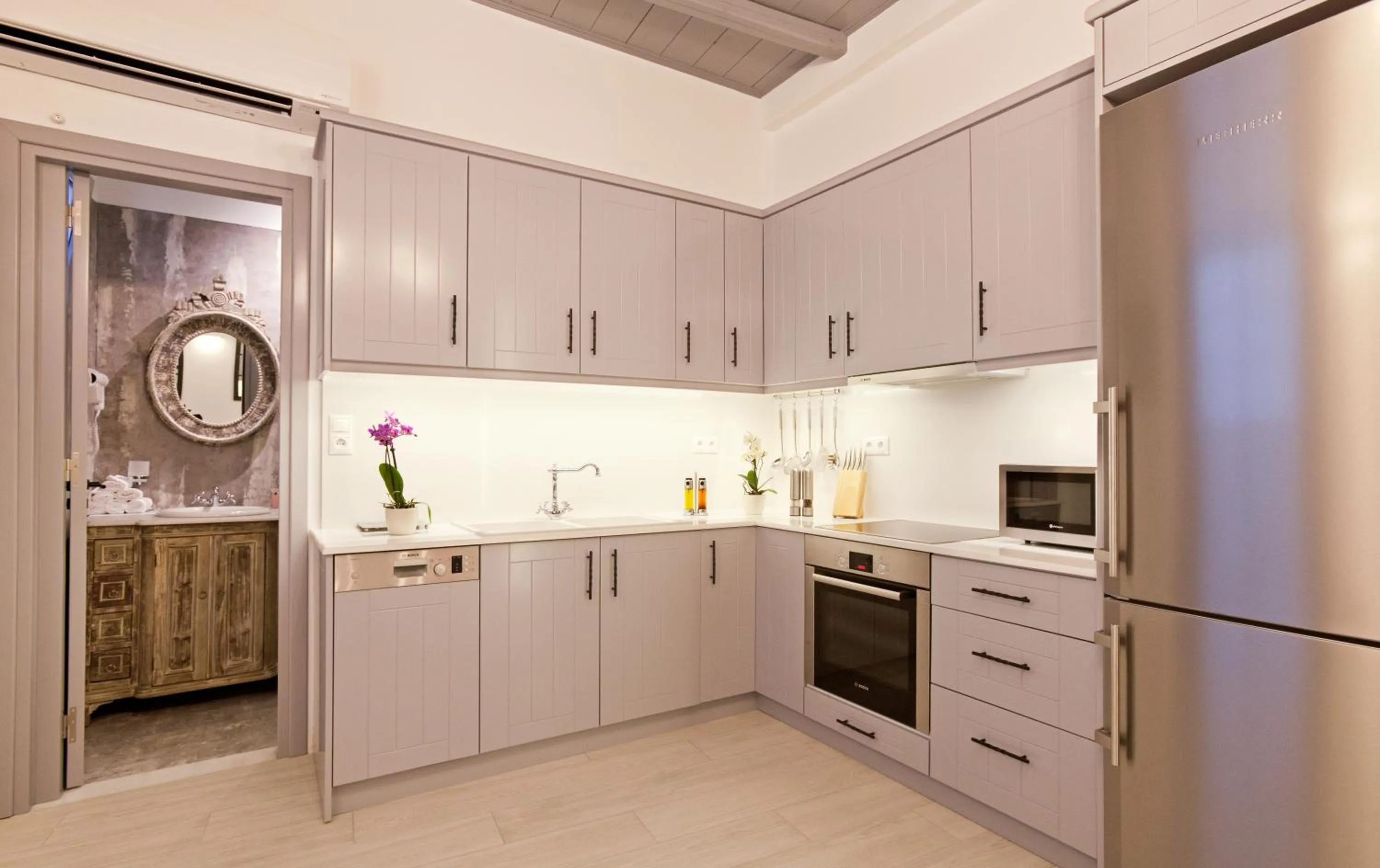 Kitchen or kitchenette in Lindos Shore Boutique Villa with sea view