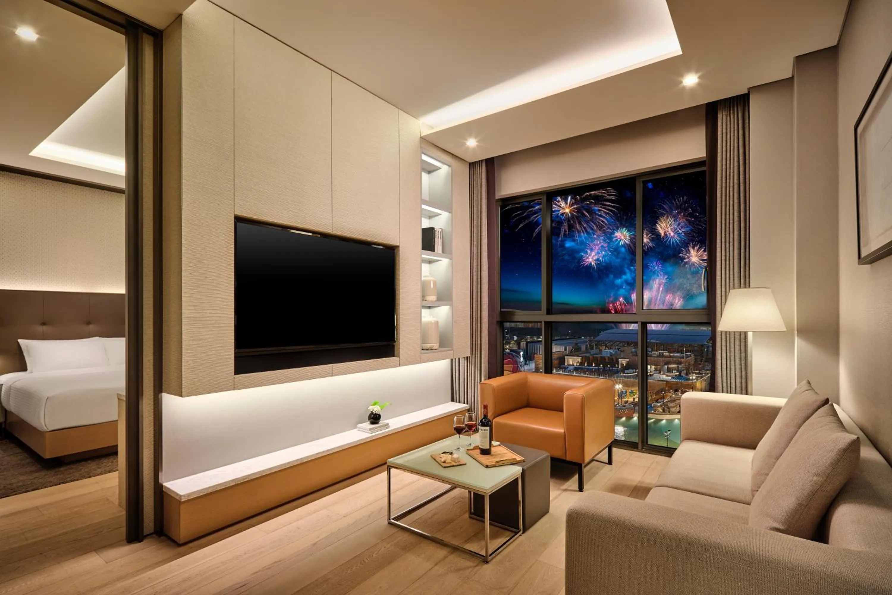 Living room, Bed in Shinhwa Jeju Shinhwa World Hotels