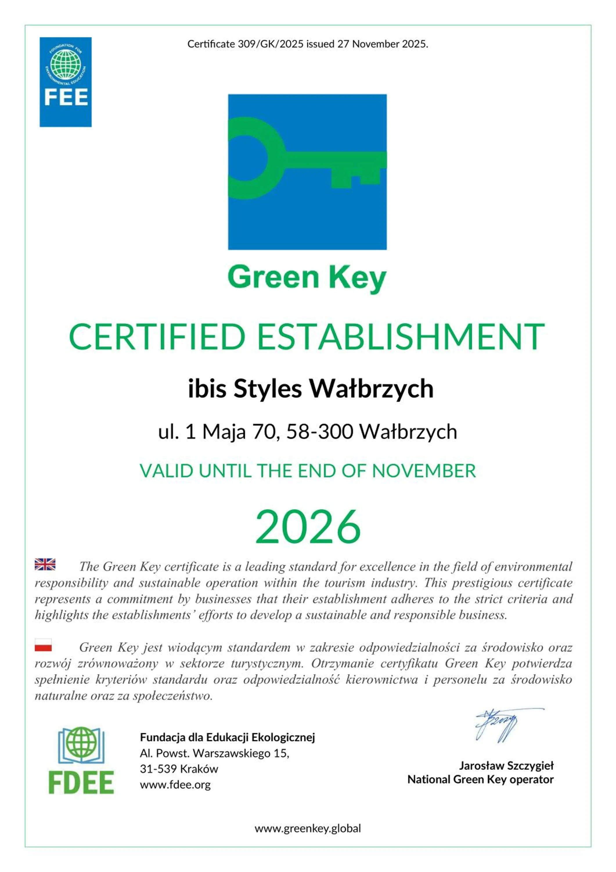 Certificate/Award in ibis Styles Wałbrzych