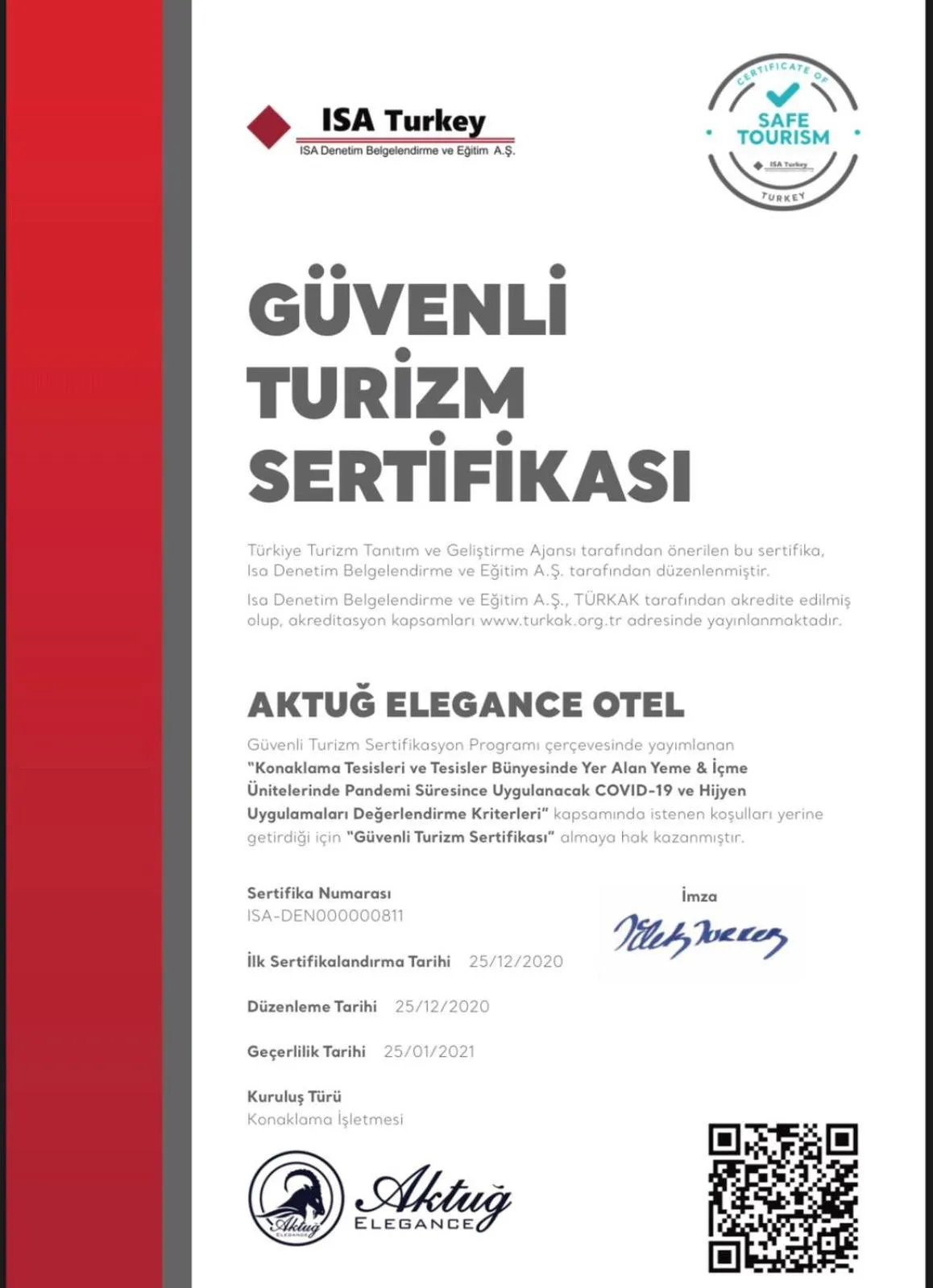 Certificate/Award in Aktug Elegance Hotel