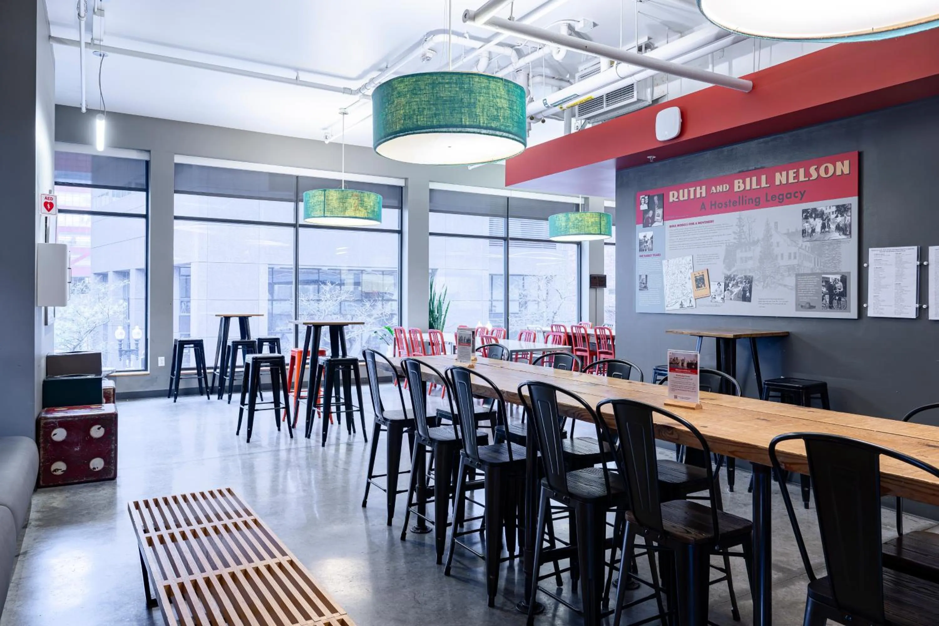 Seating area in HI Boston Hostel