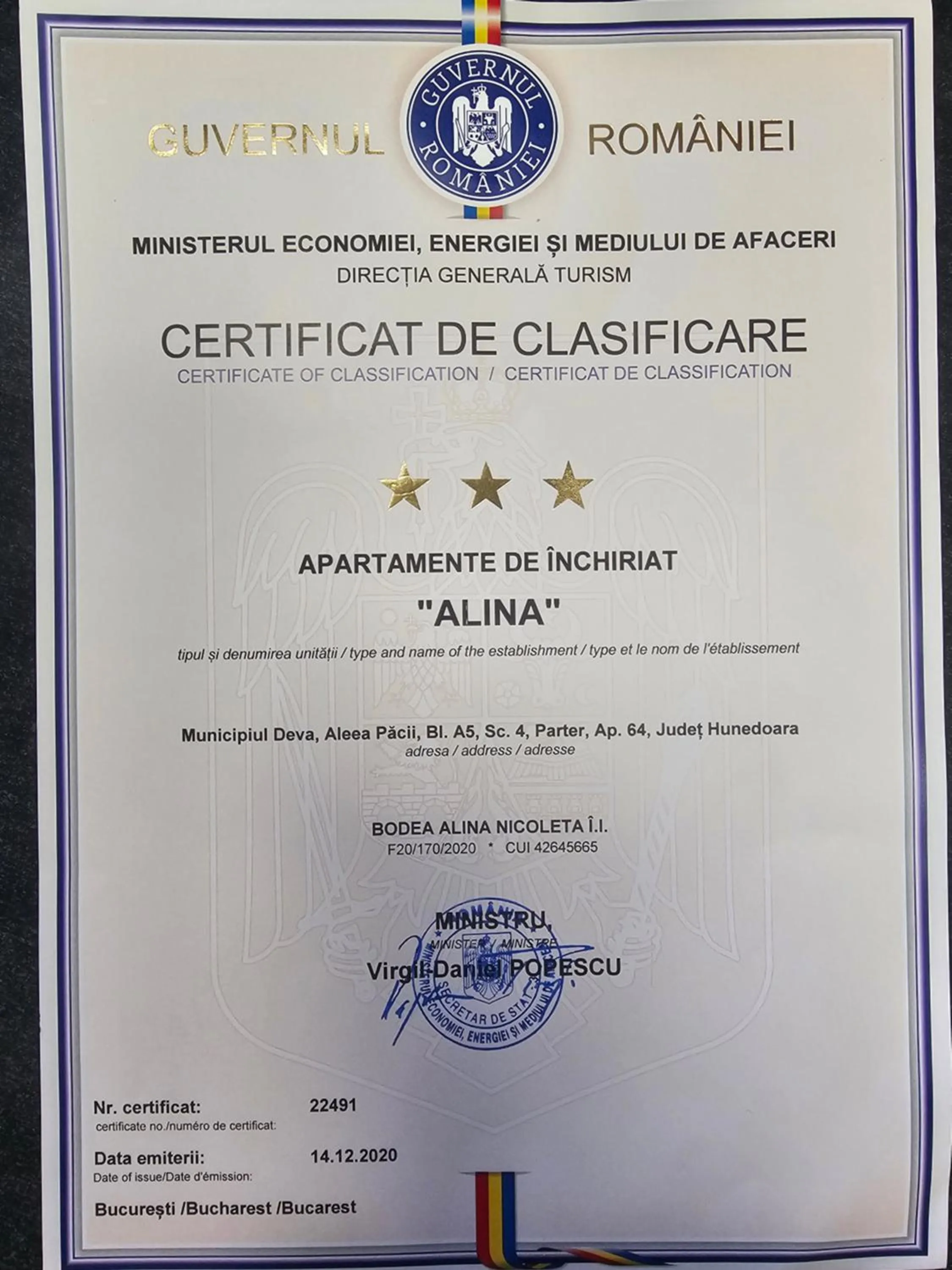 Certificate/Award in Apartament Alina - la parter & parcare rezervata