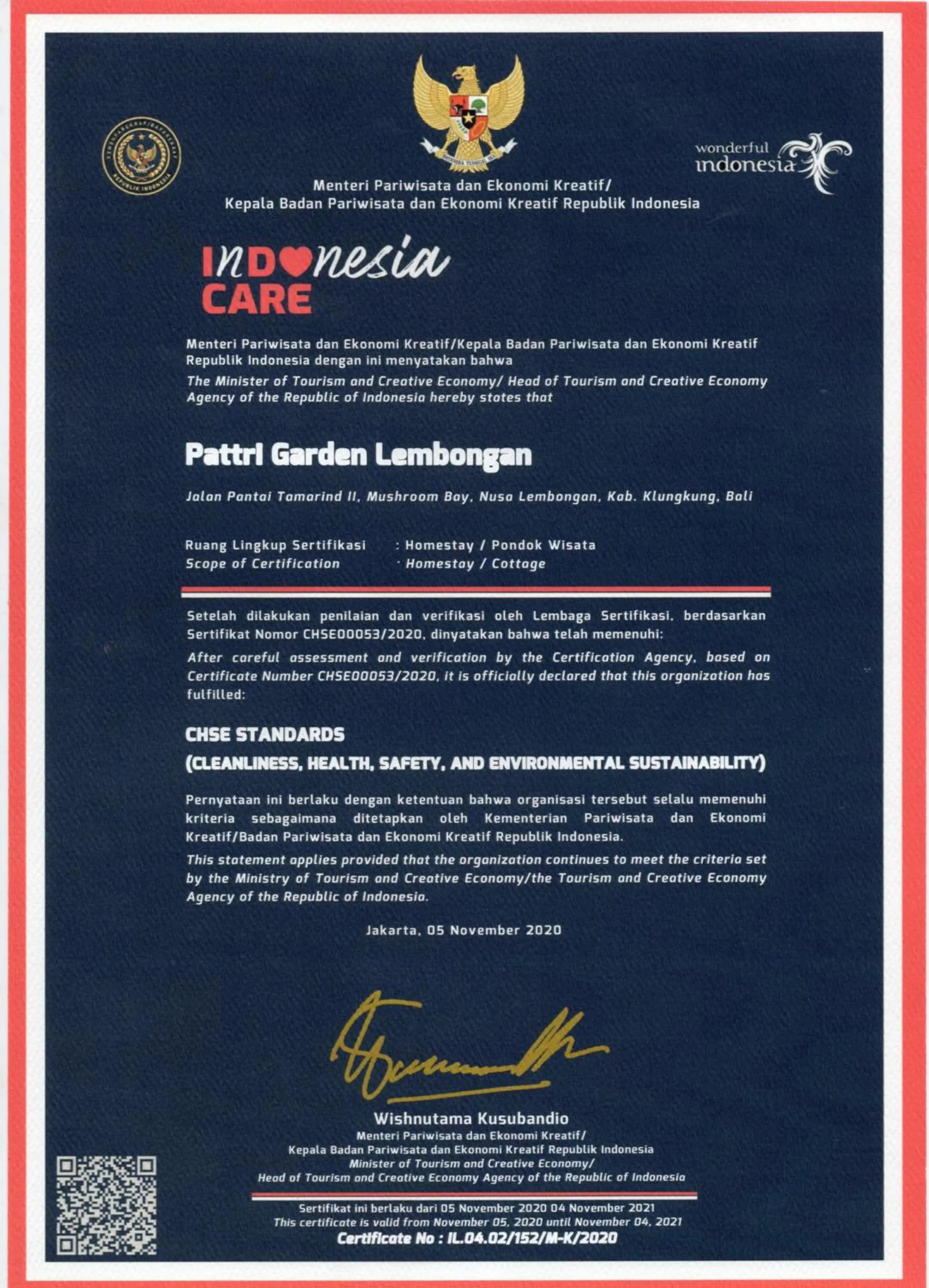 Certificate/Award in Pattri Garden Lembongan