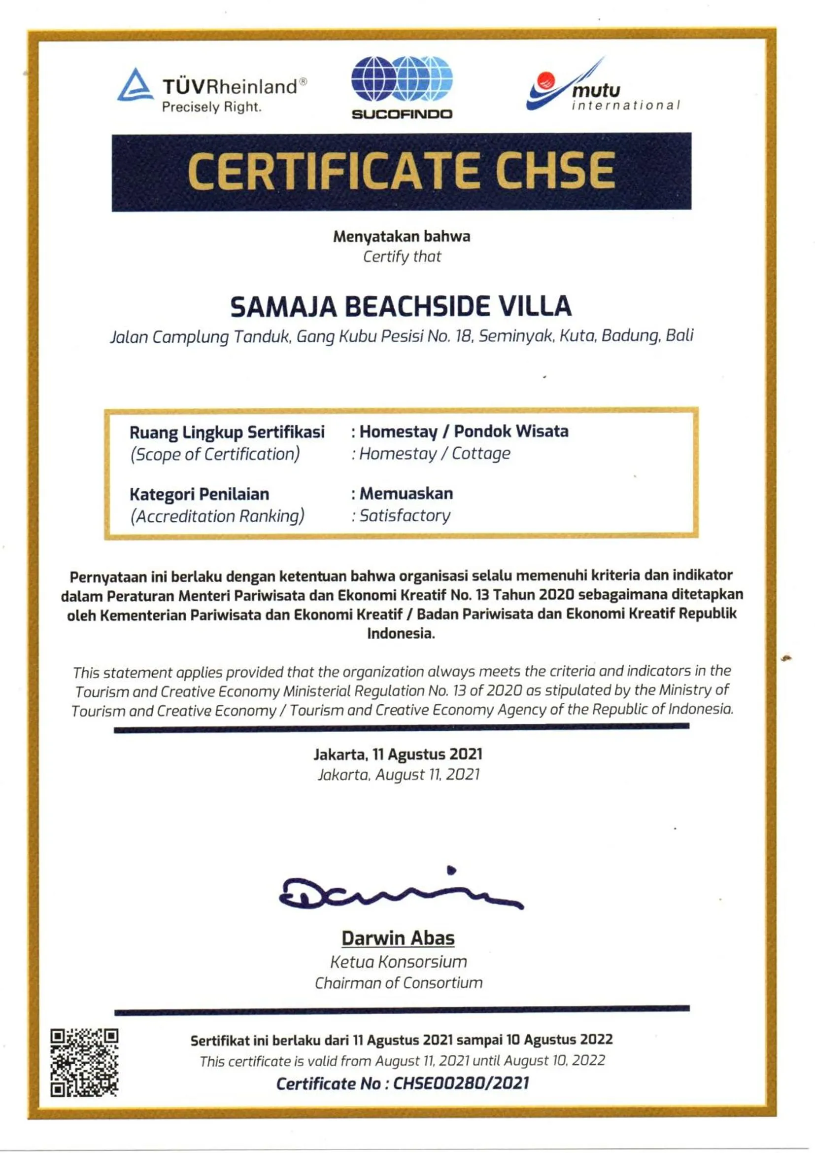 Certificate/Award in Samaja Beachside Villas