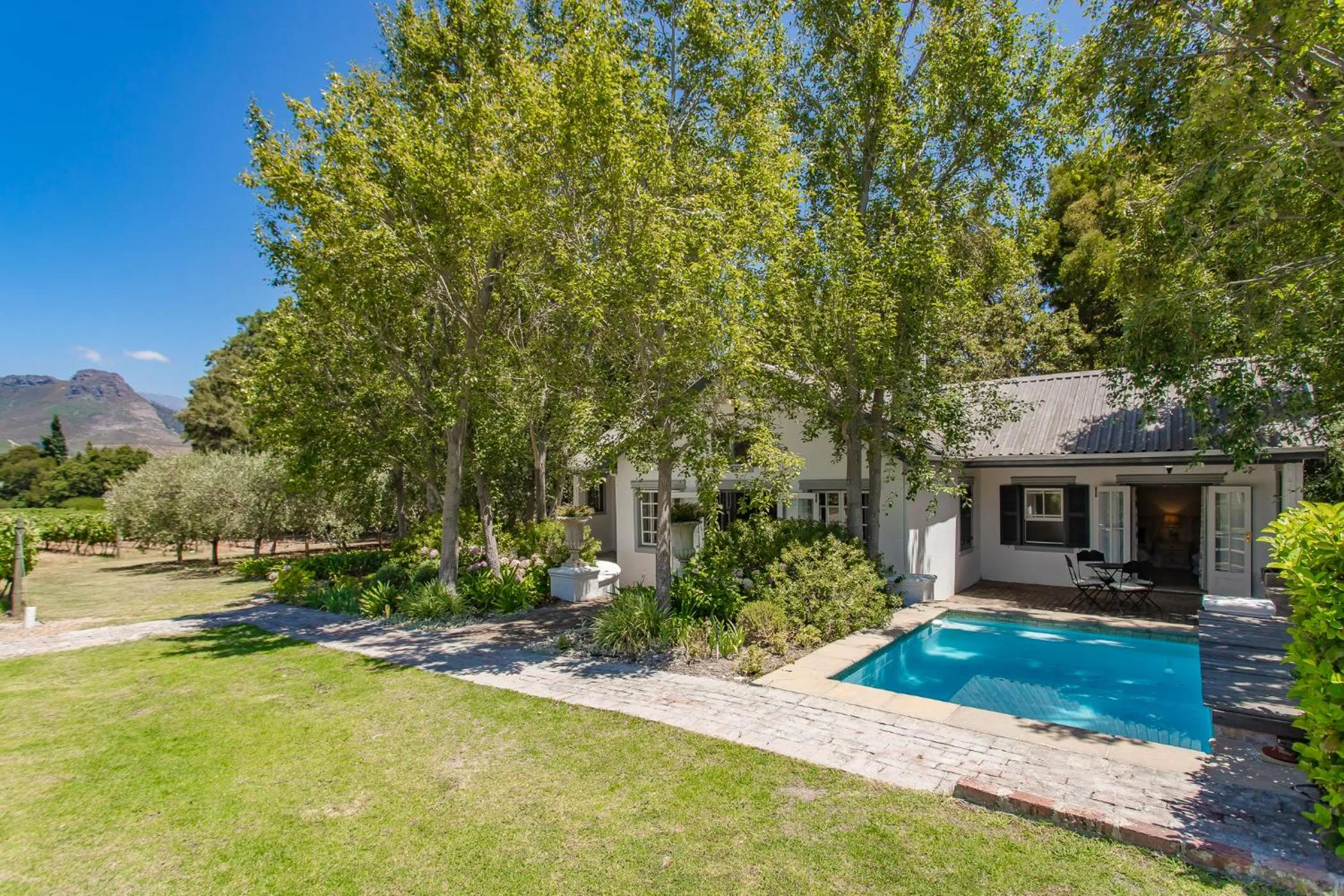 Pool view in Franschhoek Rose Cottages