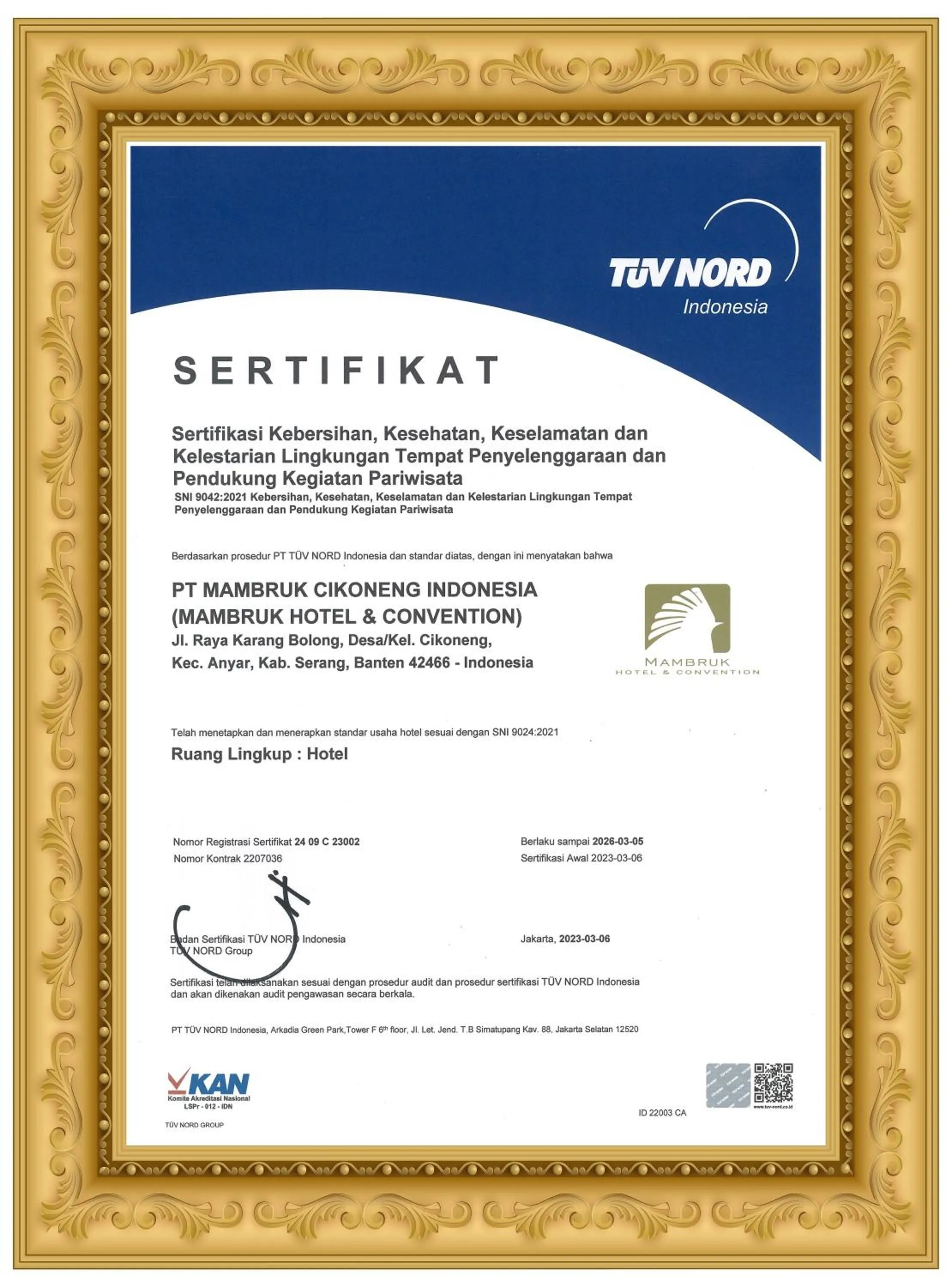 Certificate/Award in Mambruk Hotel & Convention