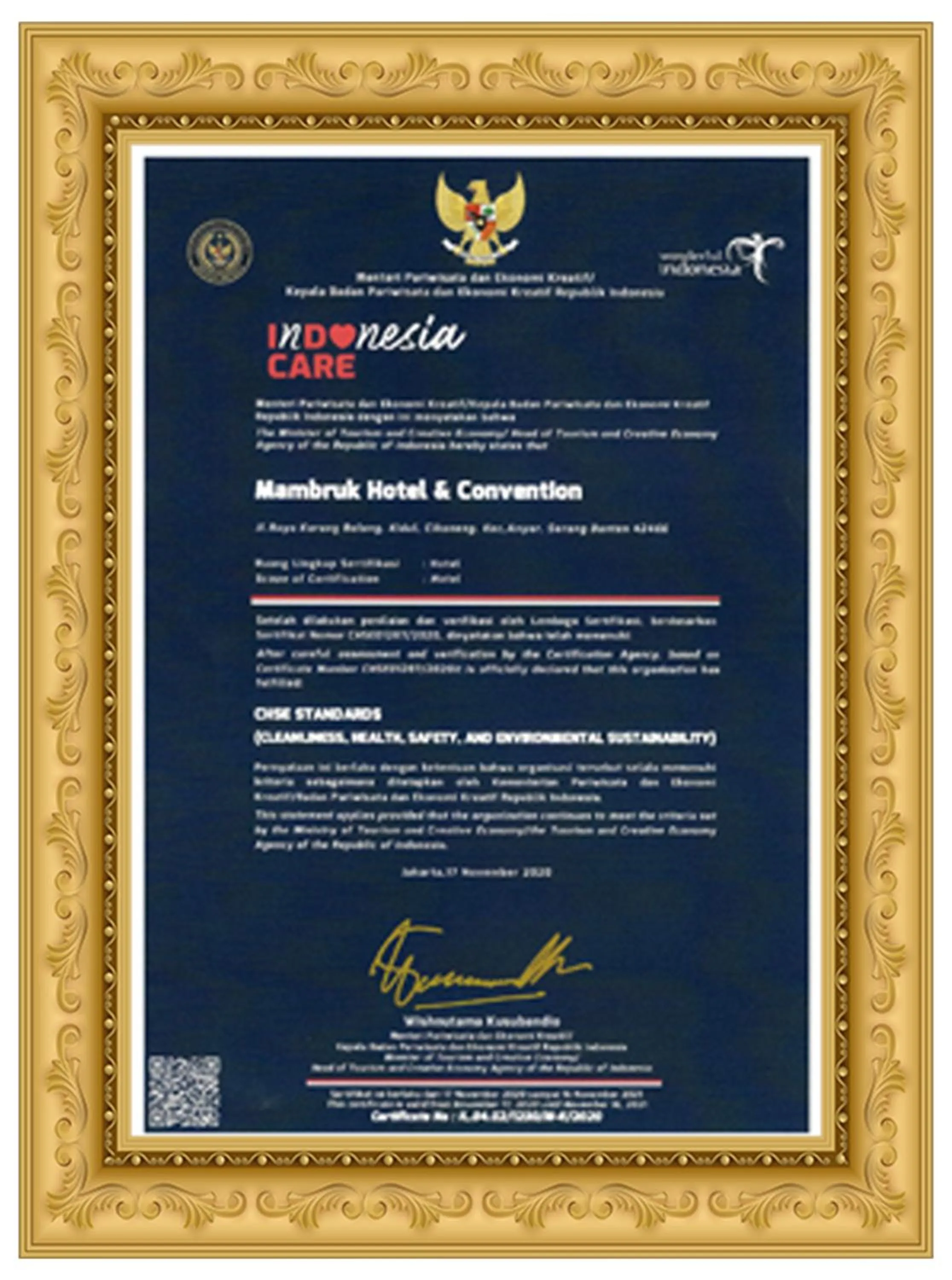 Certificate/Award in Mambruk Hotel & Convention
