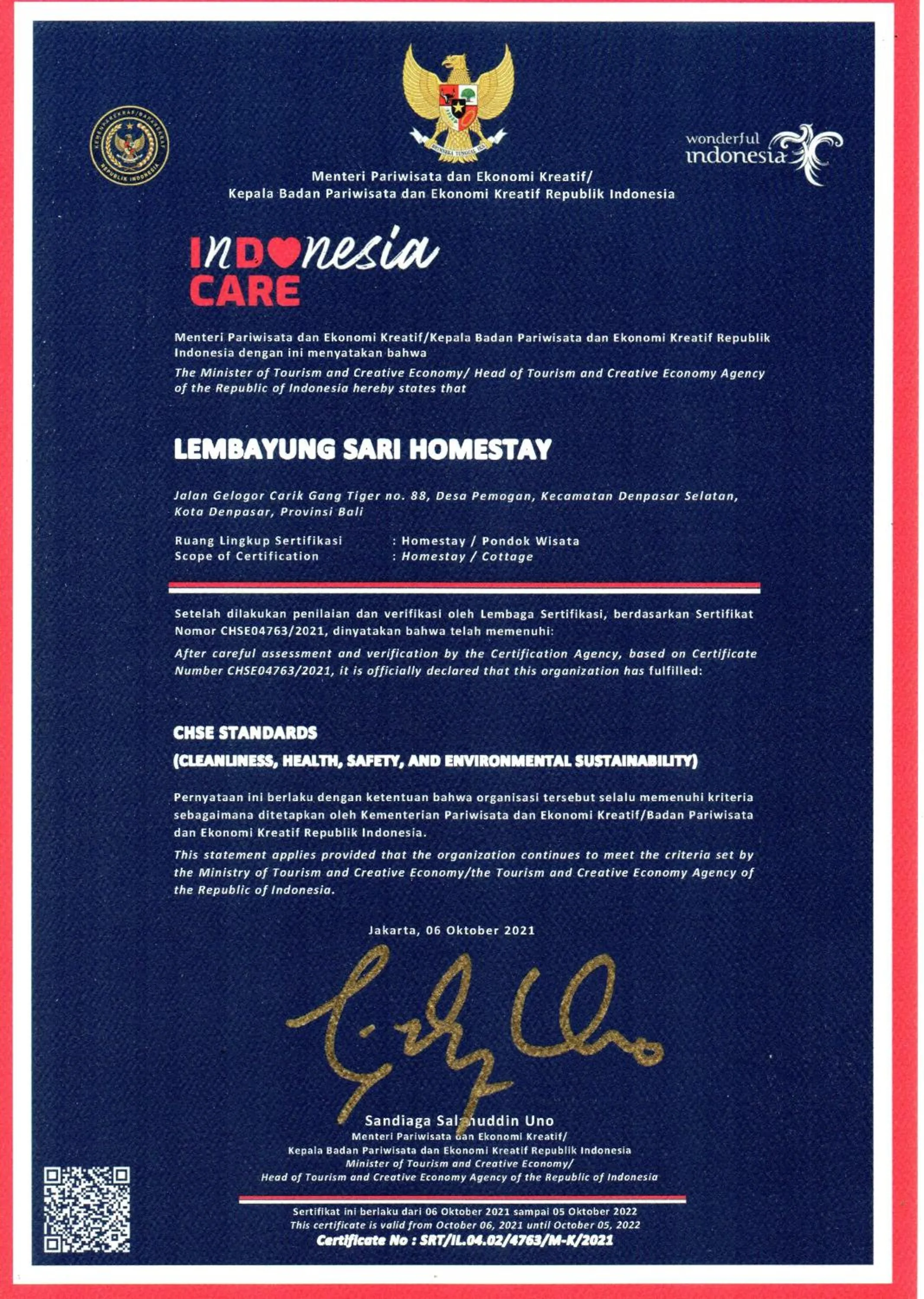 Certificate/Award in Lembayung Sari Homestay