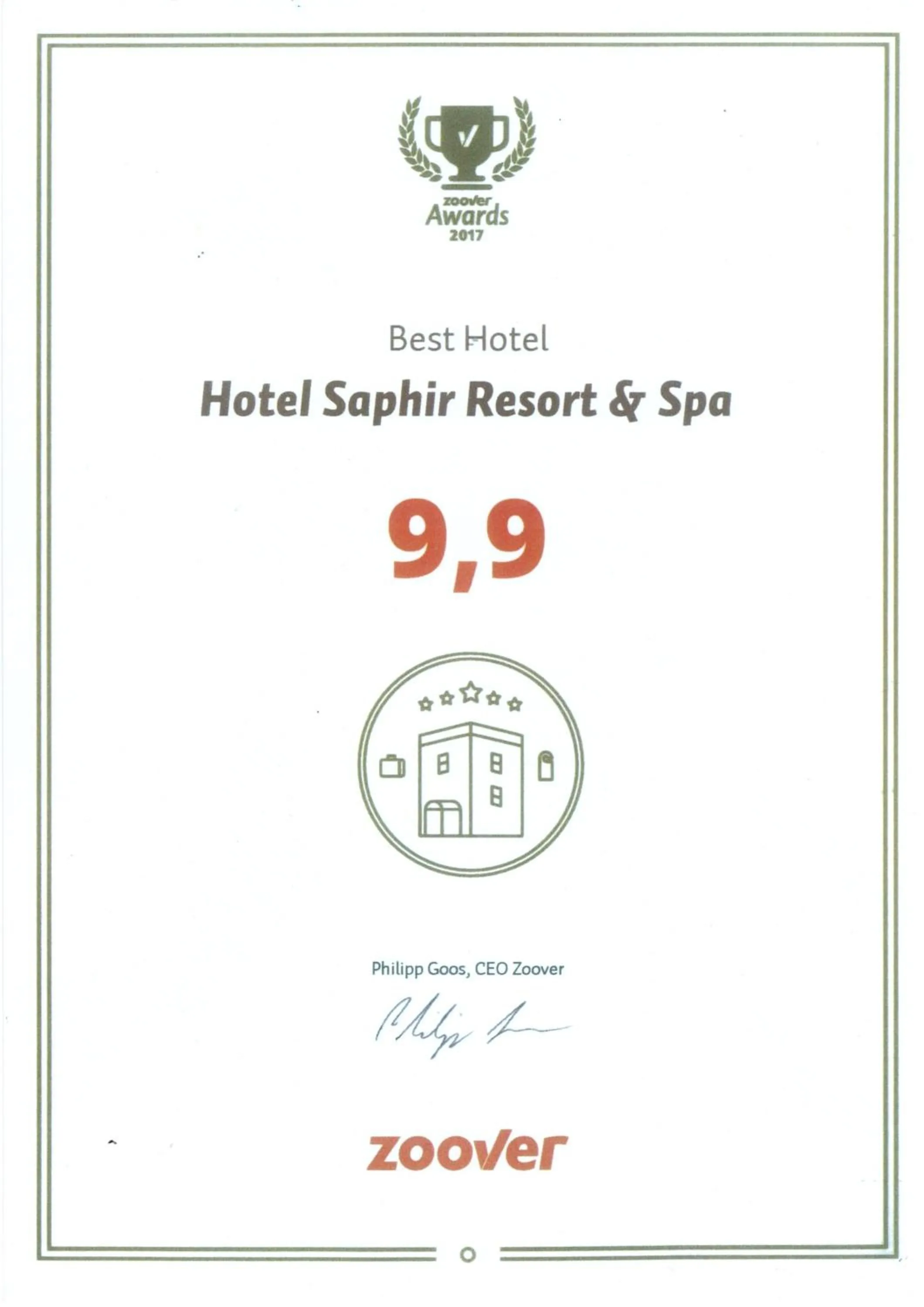 Certificate/Award in Saphir Resort & Spa