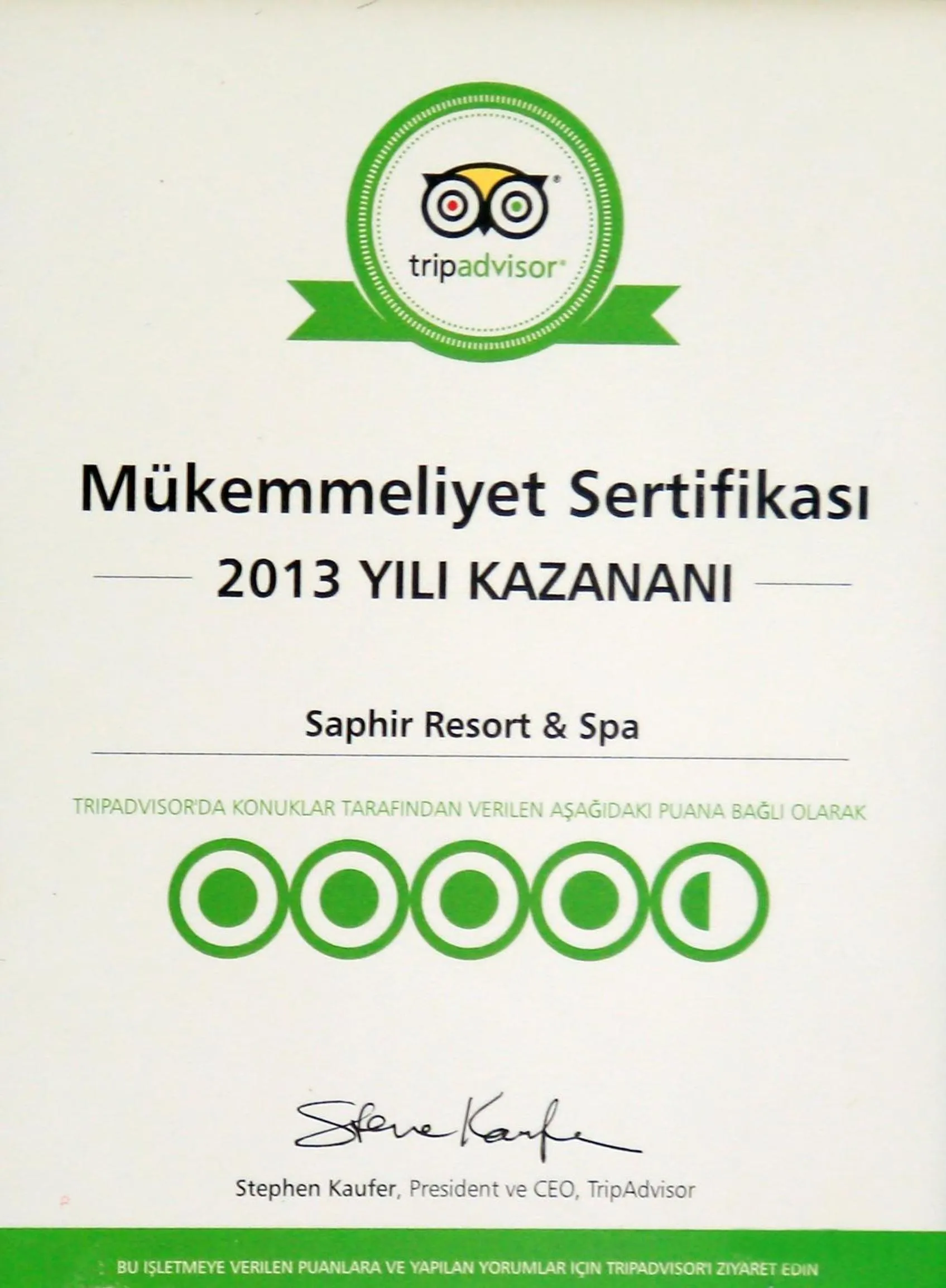 Certificate/Award in Saphir Resort & Spa