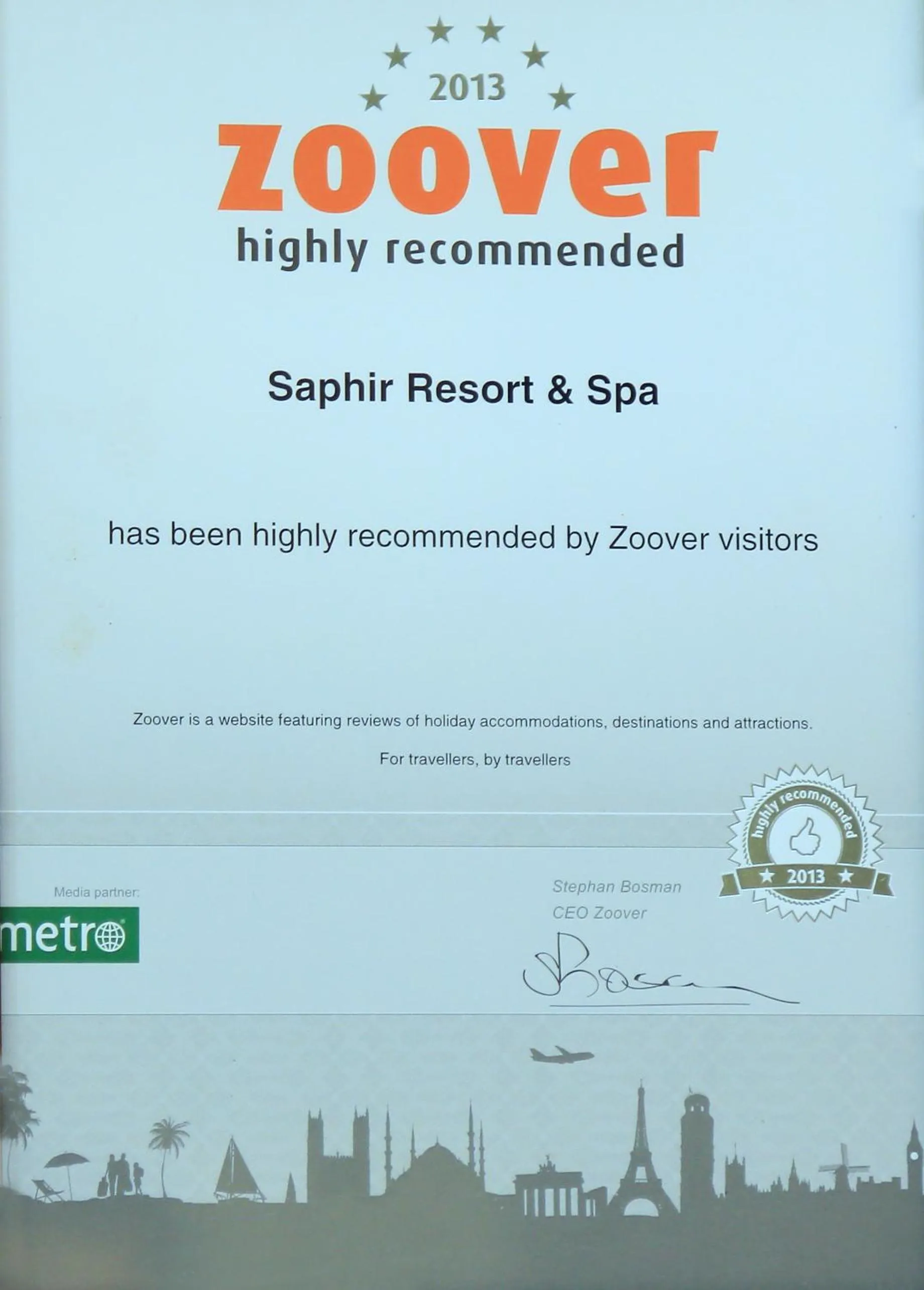 Certificate/Award in Saphir Resort & Spa