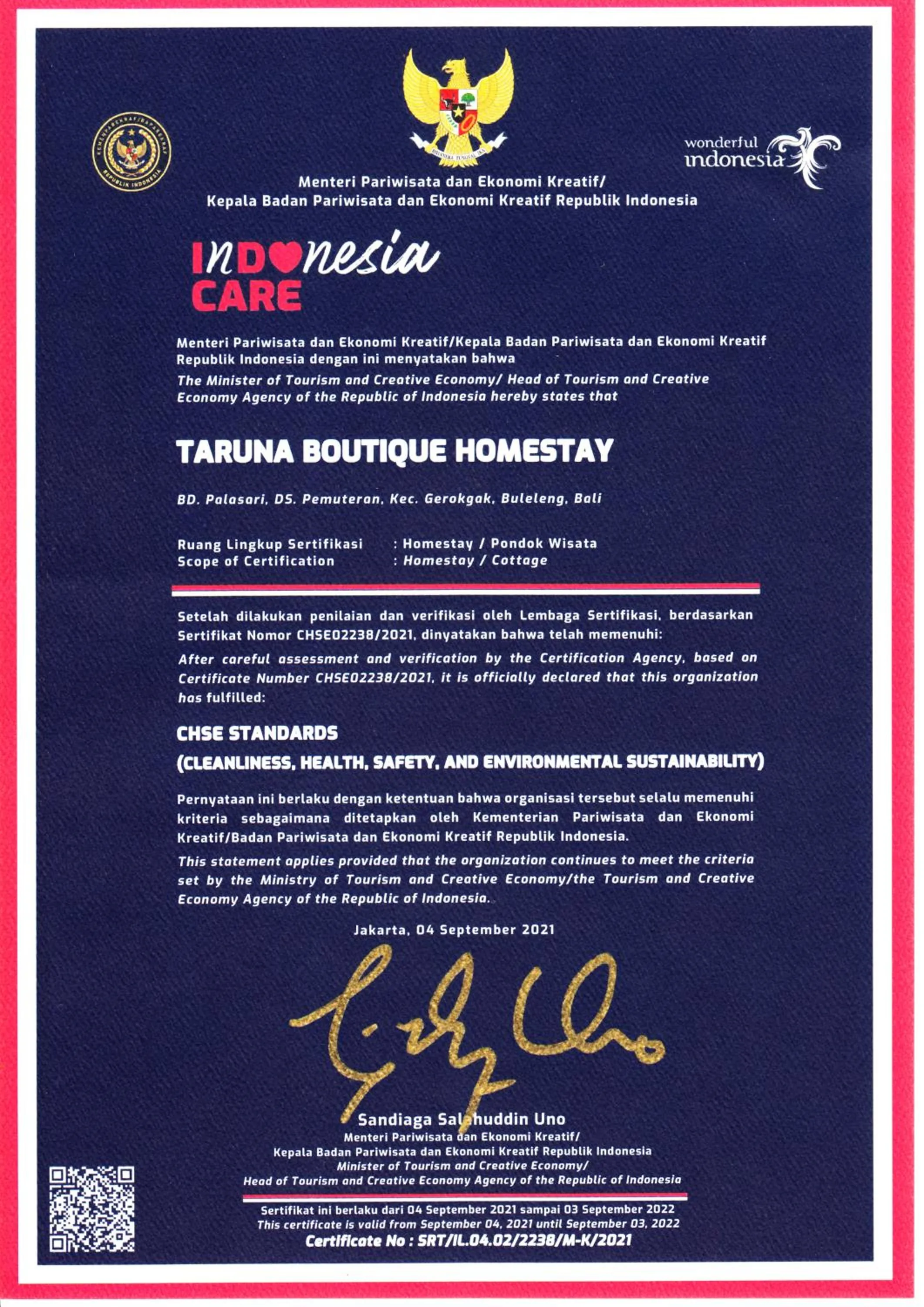 Certificate/Award in Taruna Boutique Homestay & Spa