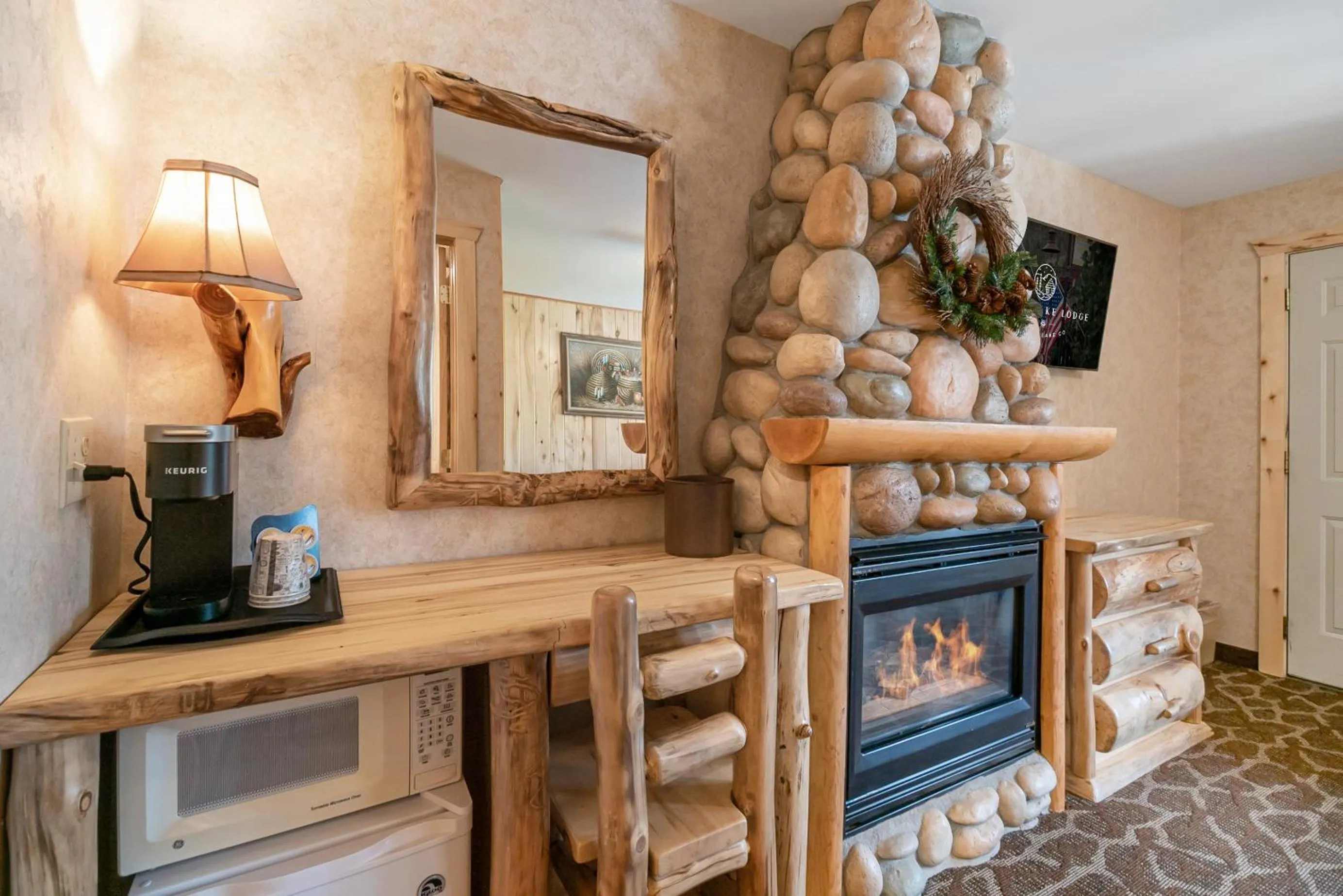 fireplace in Spirit Lake Lodge