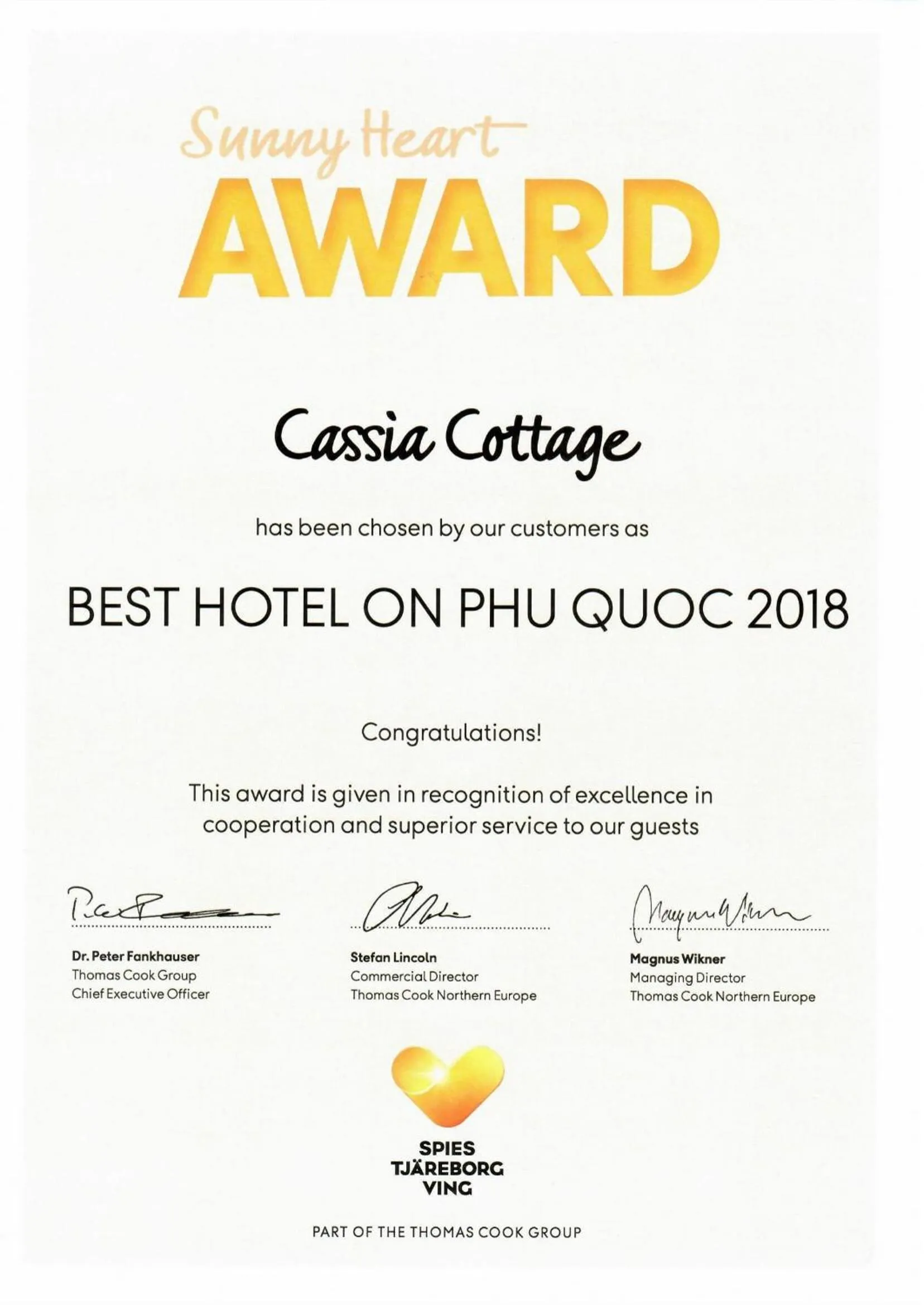 Certificate/Award in Cassia Cottage Resort and Spa