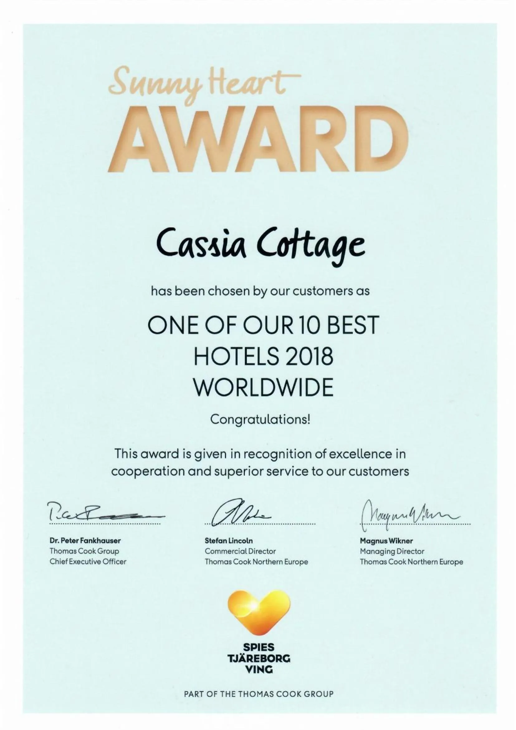 Certificate/Award in Cassia Cottage Resort and Spa