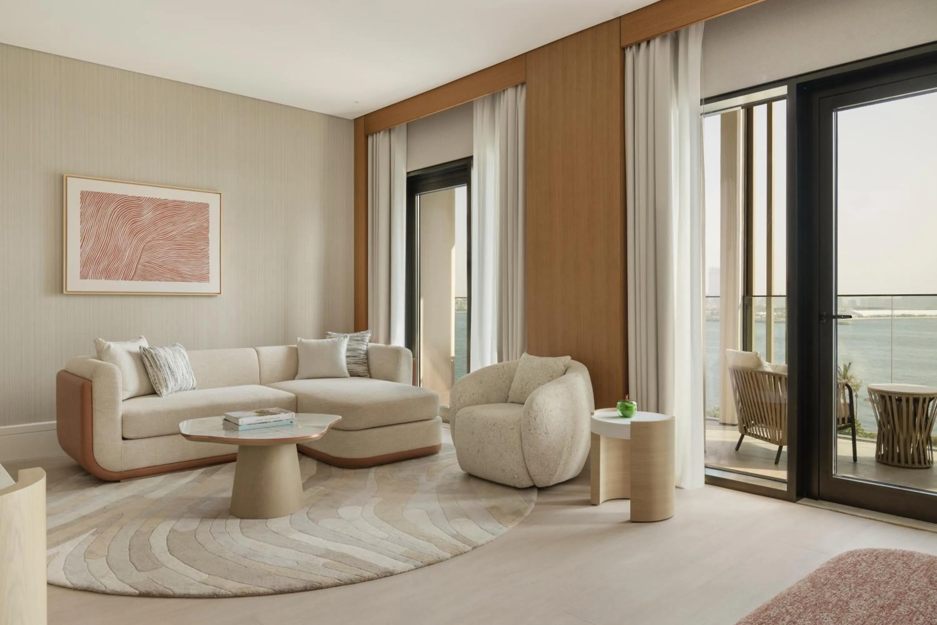 Living room, Bed in Delano Dubai at Bluewaters