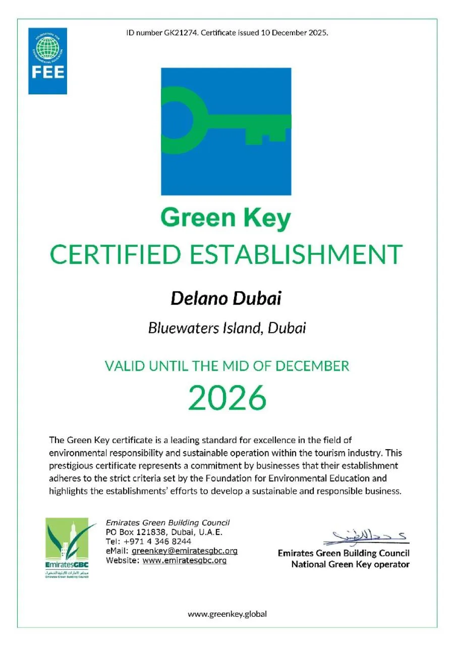 Certificate/Award in Delano Dubai at Bluewaters