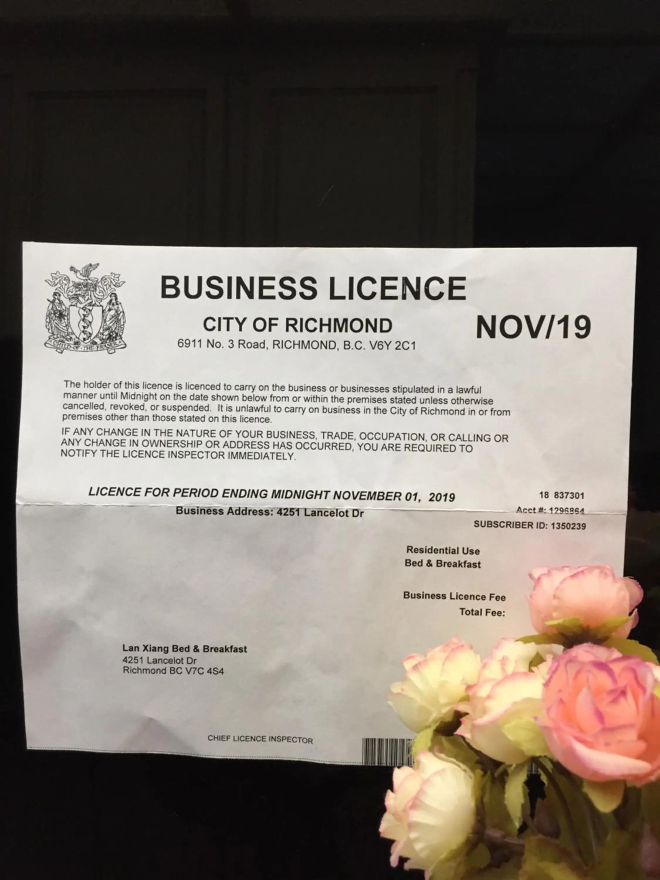 Certificate/Award in Orchid House near Vancouver YVR Airport