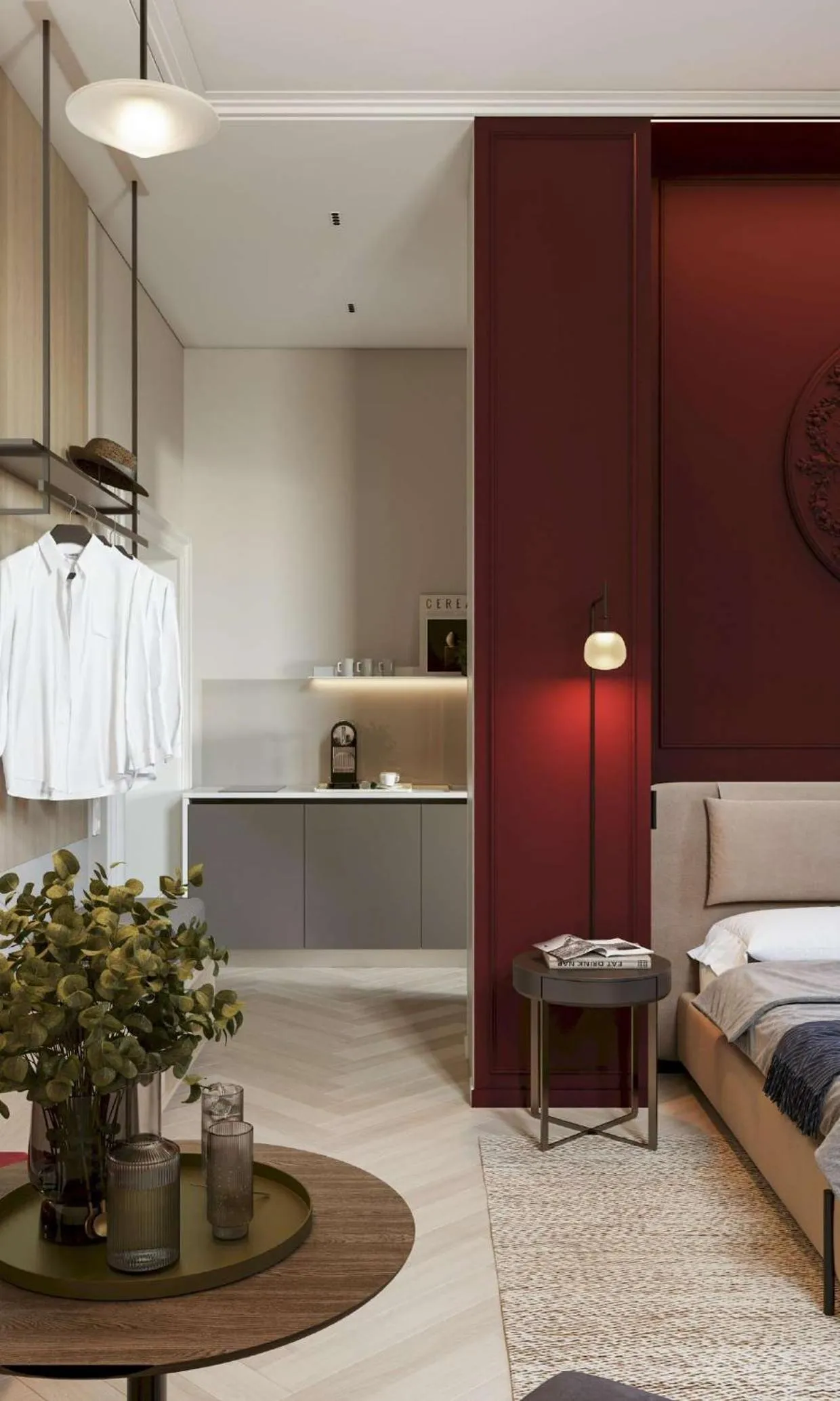 Kitchen or kitchenette, Bed in Villa & Hotel Am Park