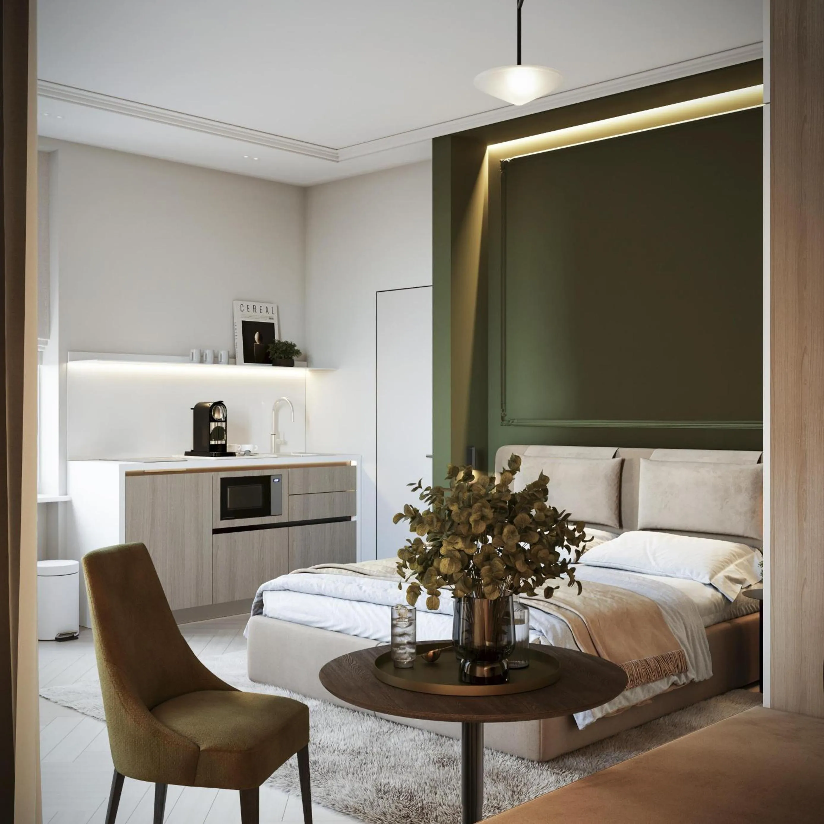 Kitchen or kitchenette, Bed in Villa & Hotel Am Park