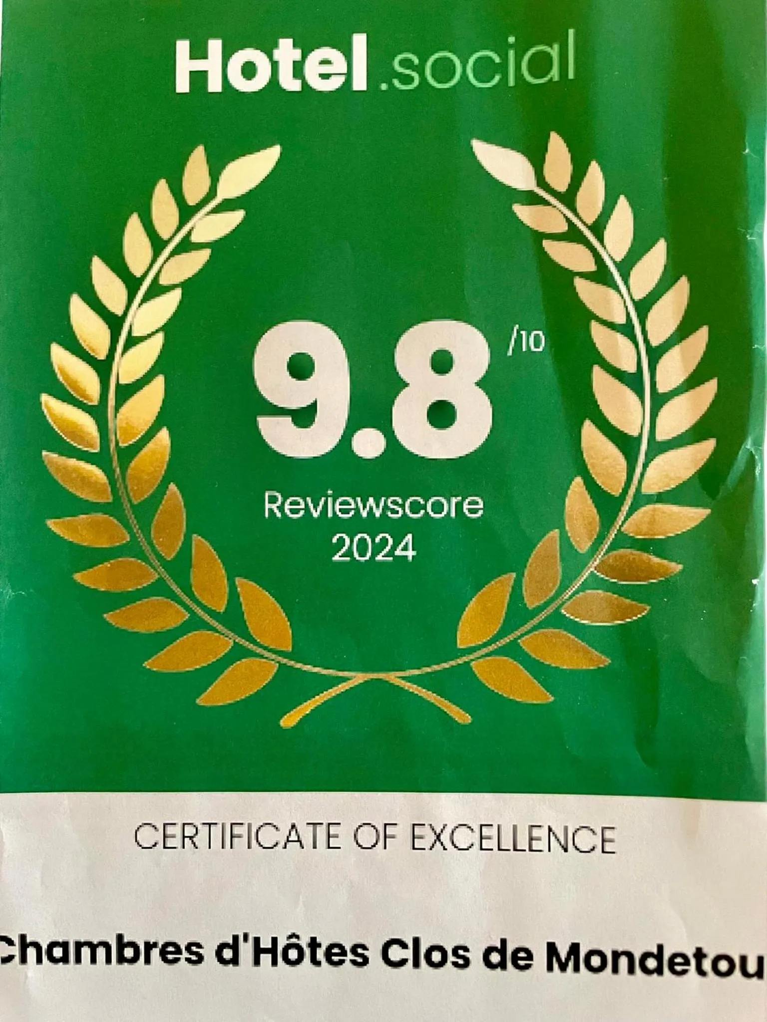 Certificate/Award in Gite et Chambres d'Hôtes Clos de Mondetour