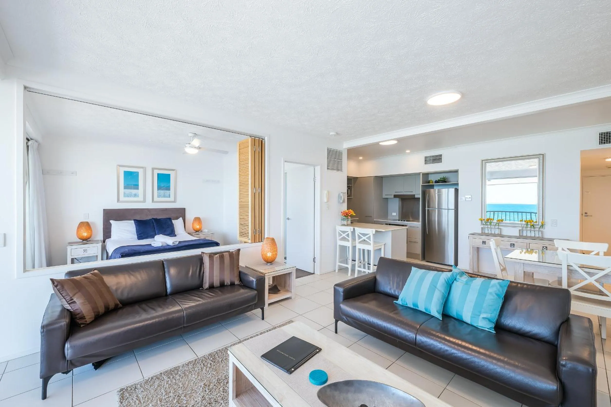 Living room, Bed in On The Beach Resort Bribie Island