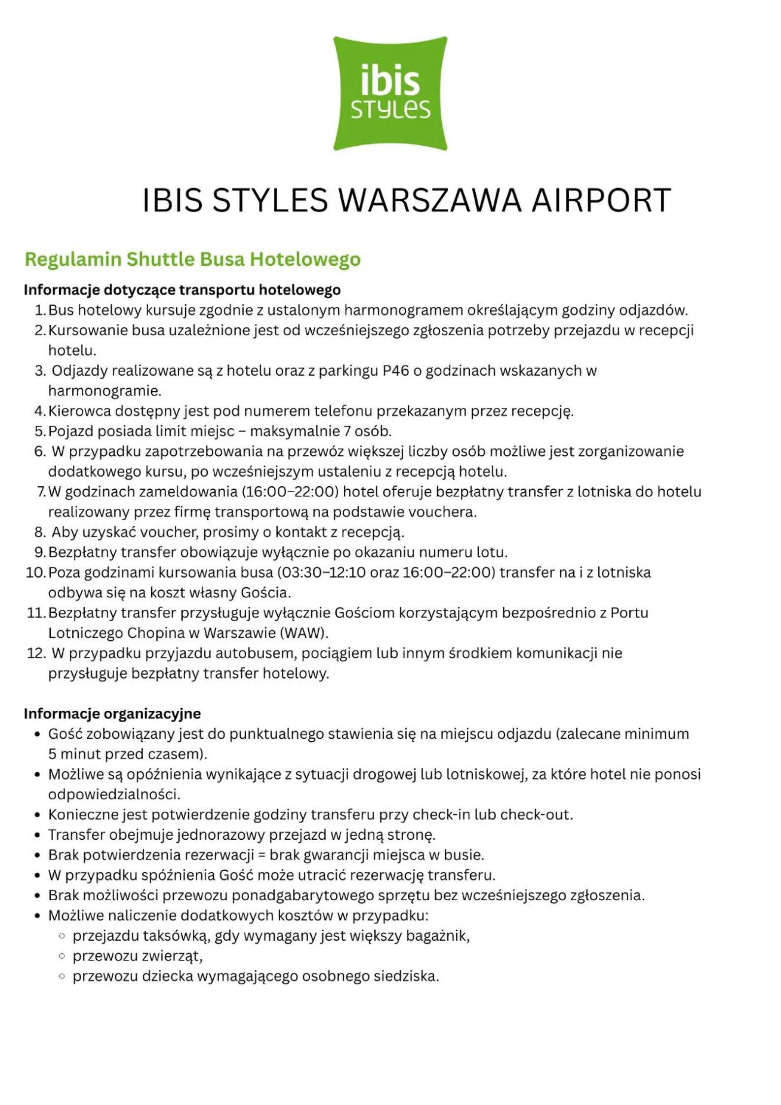 shuttle in ibis Styles Warszawa Airport