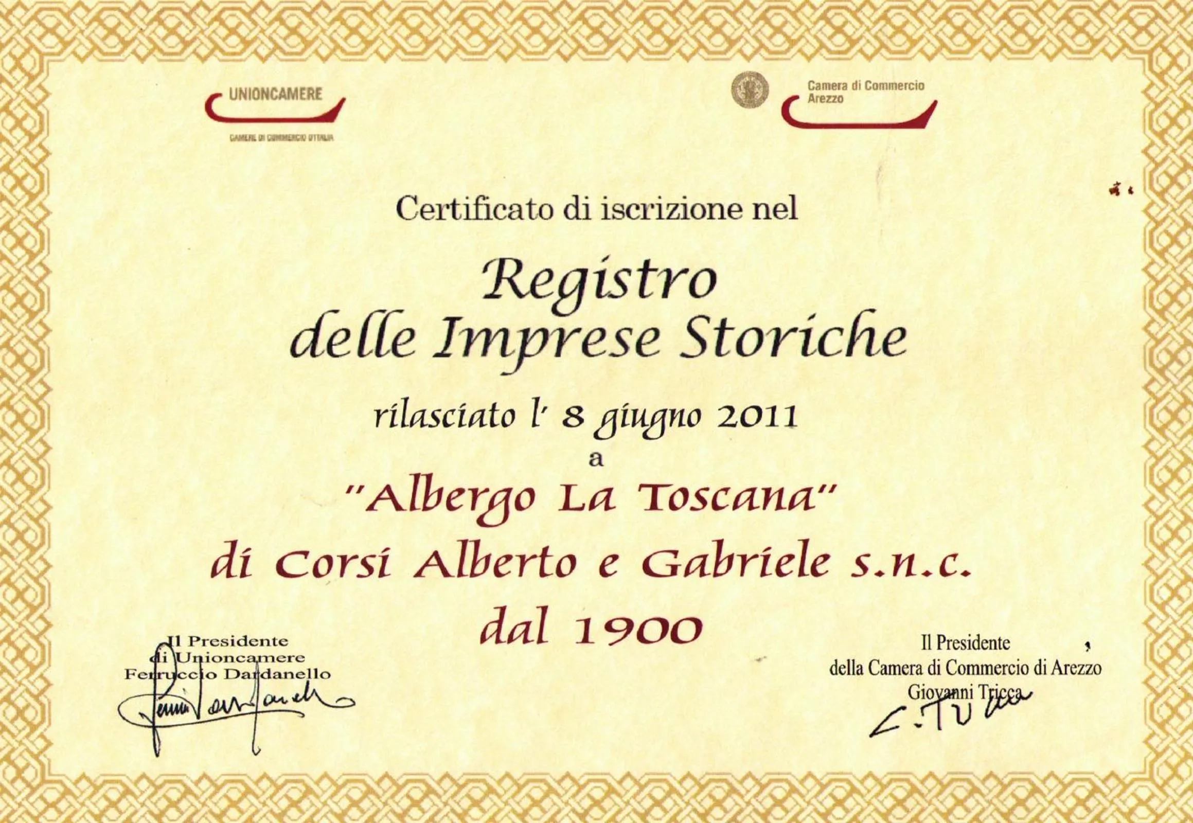 Certificate/Award in Hotel La Toscana
