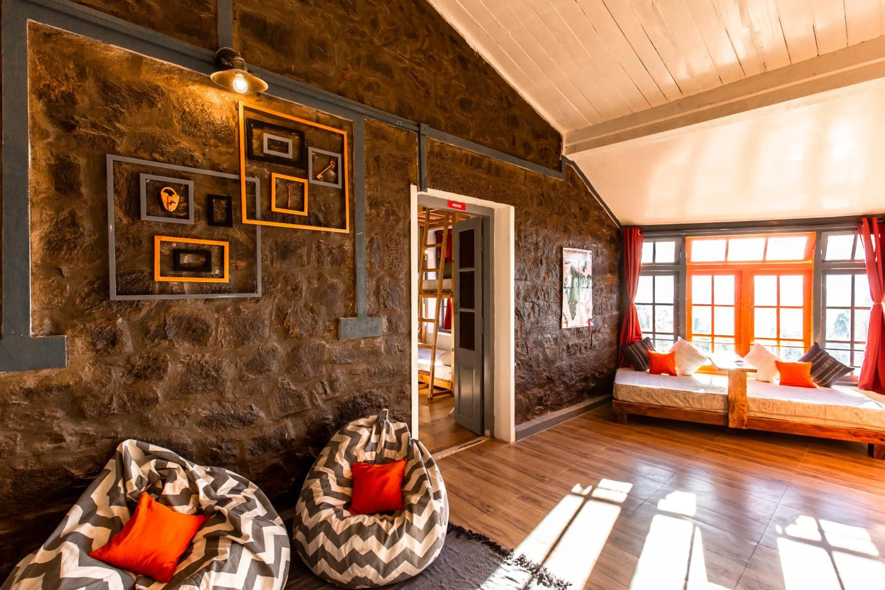 Seating area, Bed in Zostel Kodaikanal