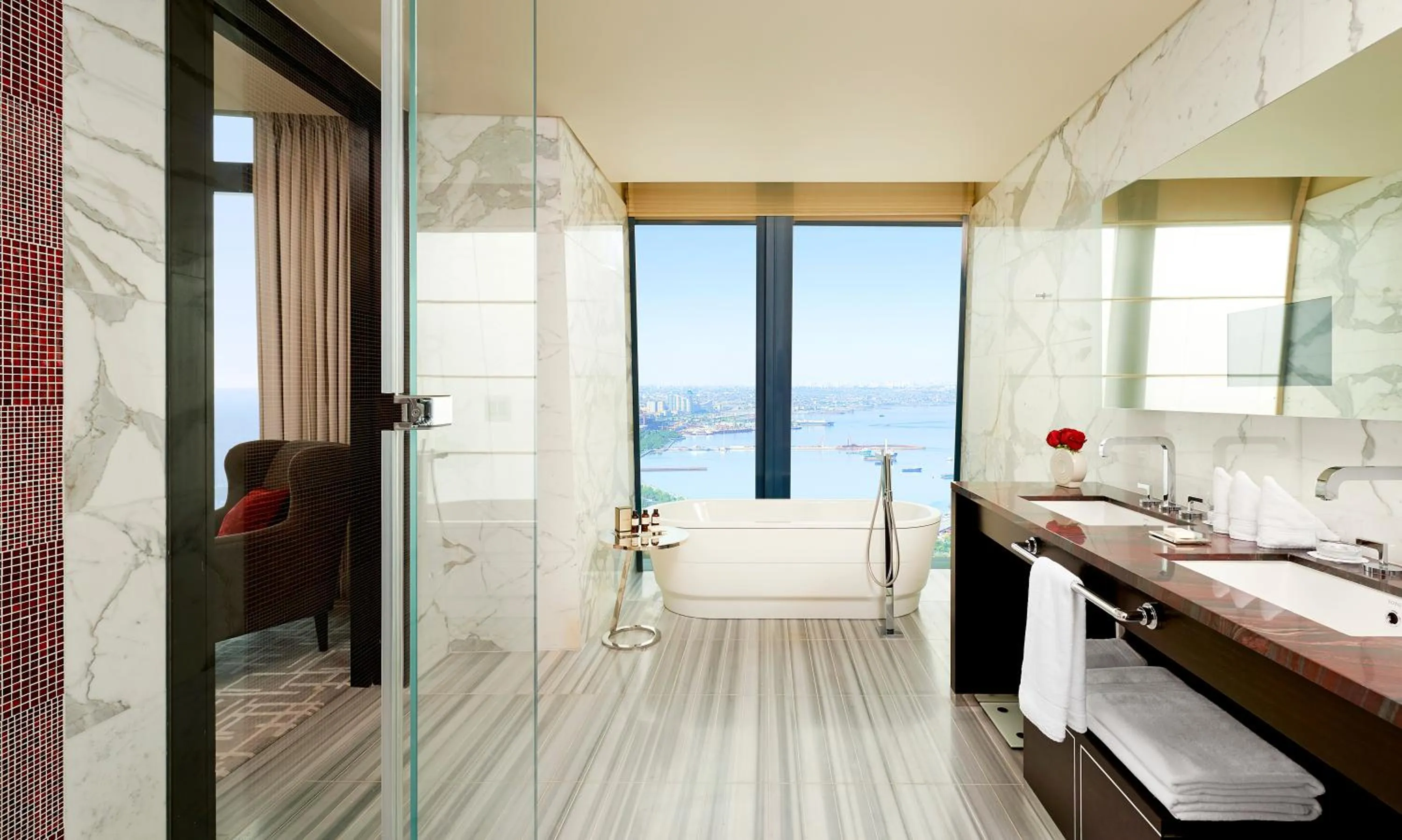 Shower, Bed in Fairmont Baku, Flame Towers