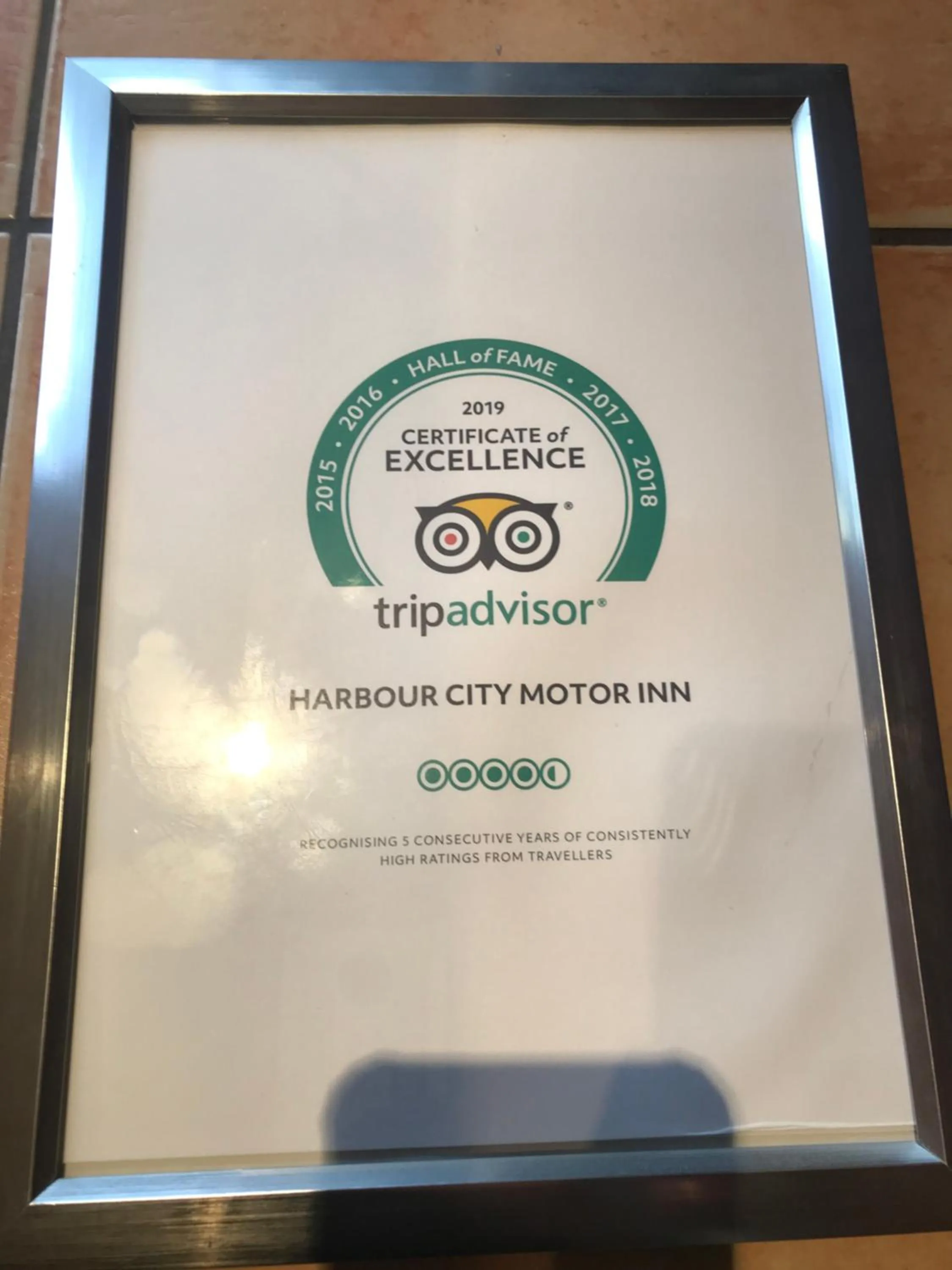 Certificate/Award in Harbour City Motor Inn & Conference