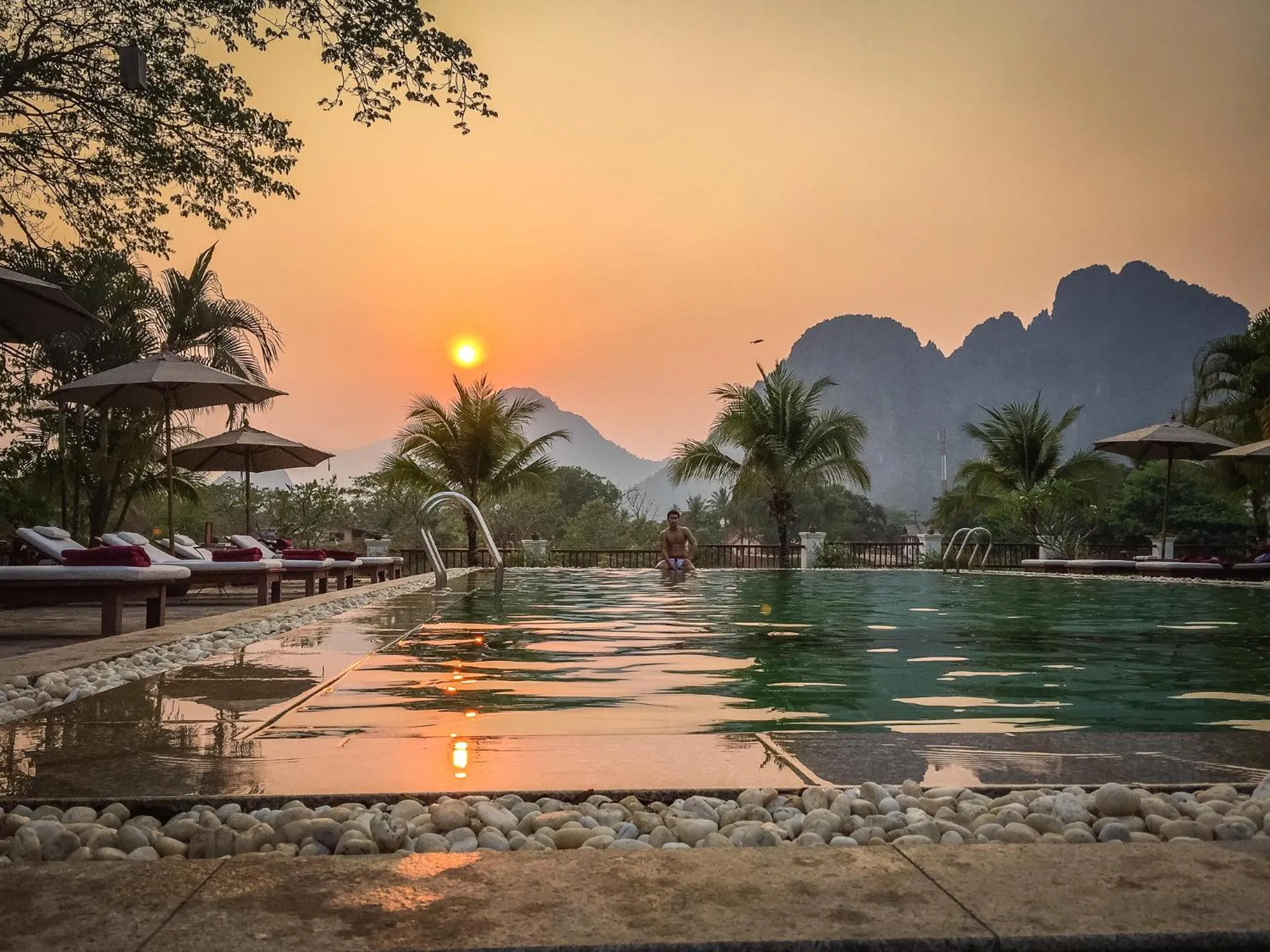 Pool view in Riverside Boutique Resort, Vang Vieng