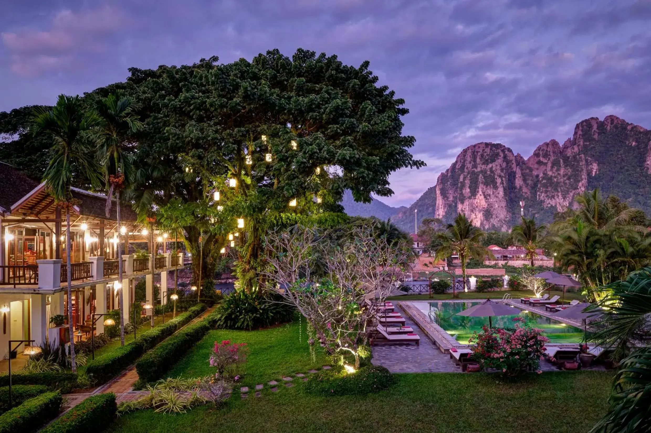 Garden view in Riverside Boutique Resort, Vang Vieng Garden view in Riverside Boutique Resort, Vang Vieng