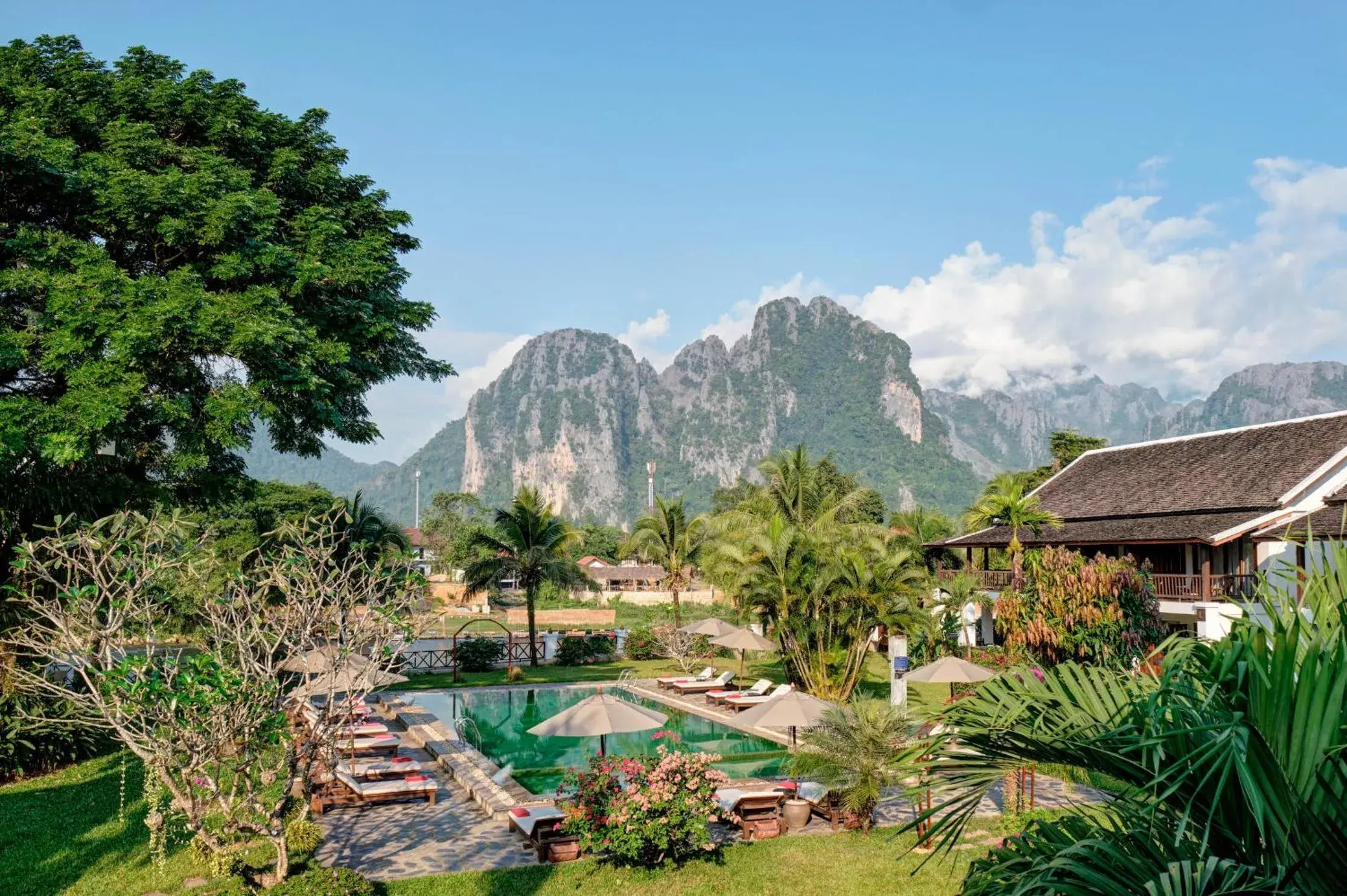 Garden view in Riverside Boutique Resort, Vang Vieng Garden view in Riverside Boutique Resort, Vang Vieng