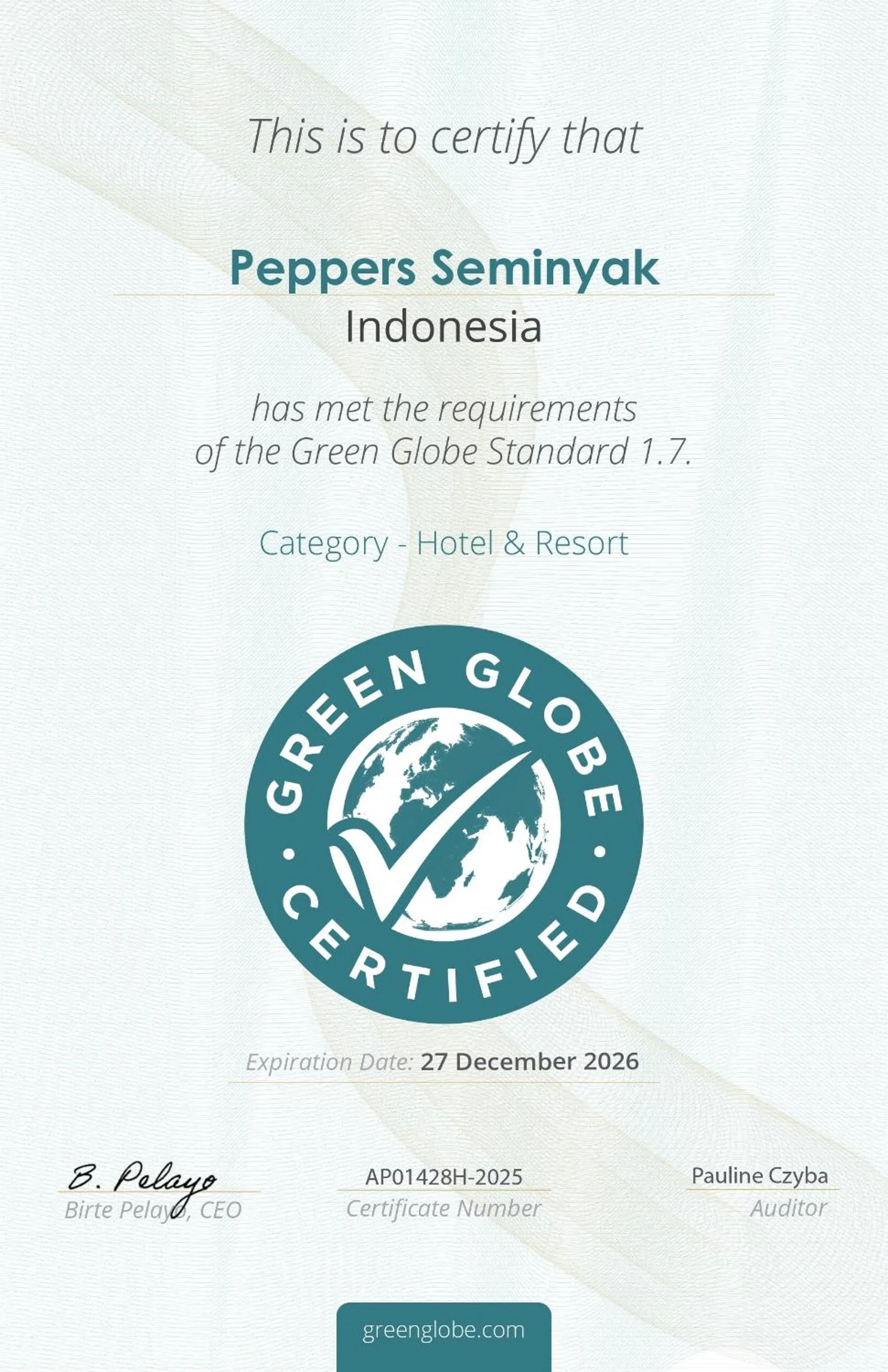 Certificate/Award in Peppers Seminyak