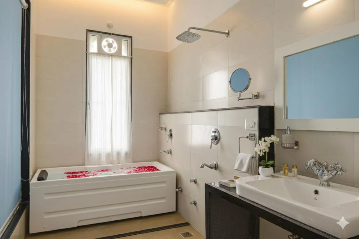 Bathroom, Bed in The Everest Hill Resort & Spa-Kumbhalgarh