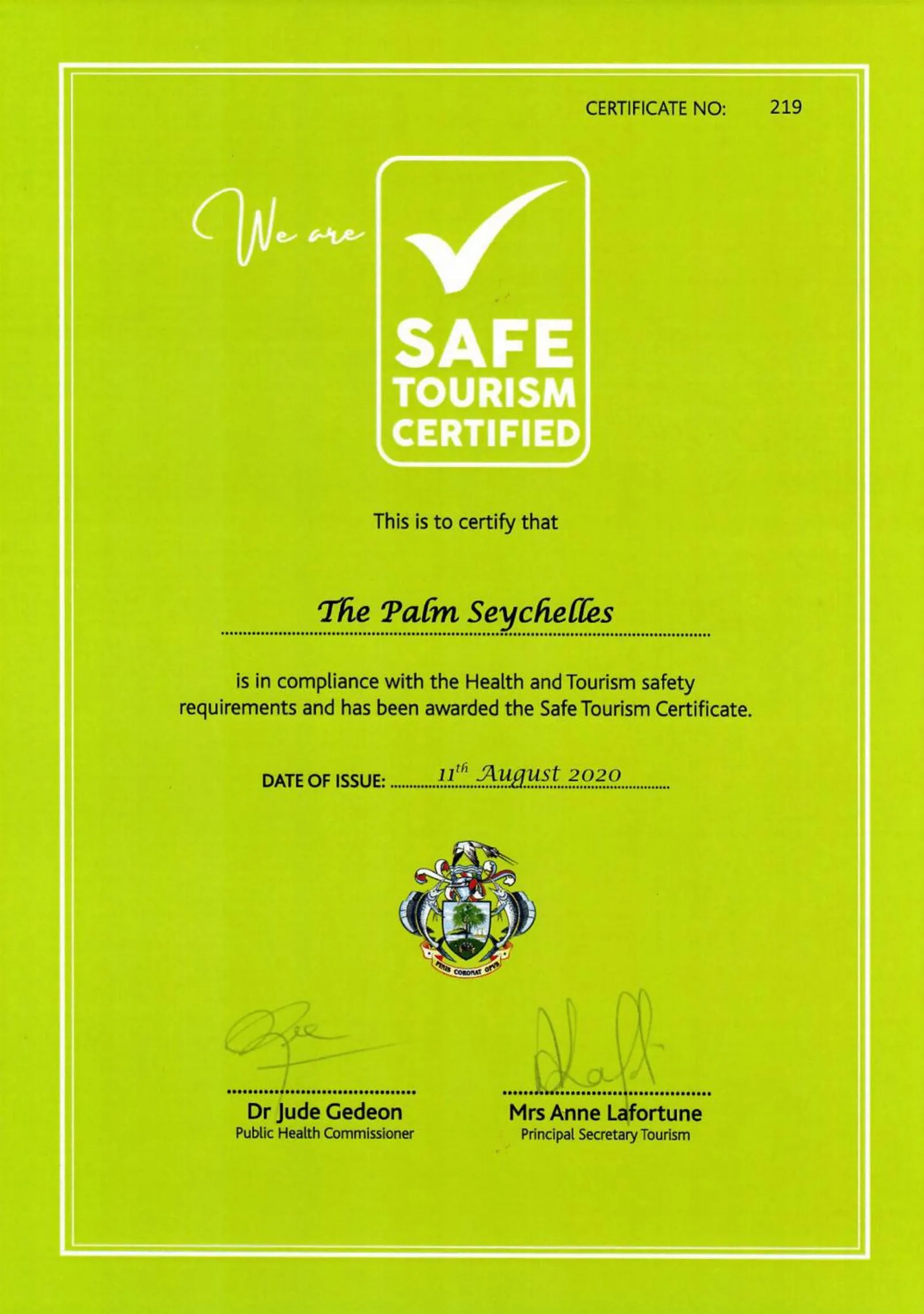 Certificate/Award in The Palm Seychelles