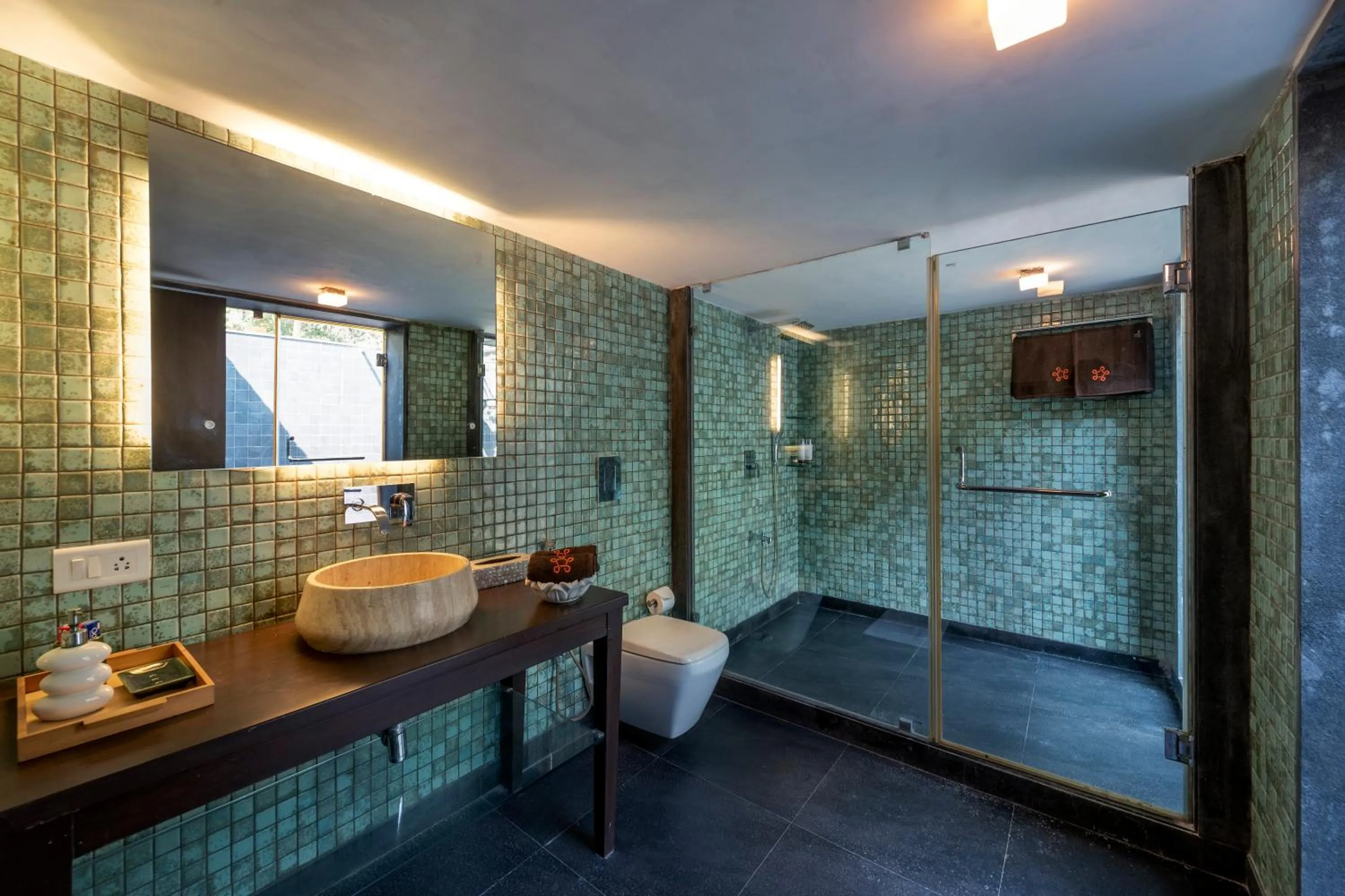 Shower in SaffronStays Masaya, Alibaug - pet-friendly villa with alfresco dining