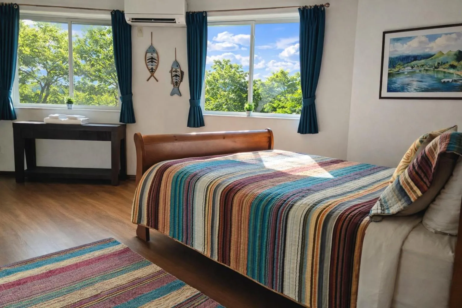 Bedroom, Bed in Island Breeze - Round House with BBQ - Wooden Hot Tub - Beach