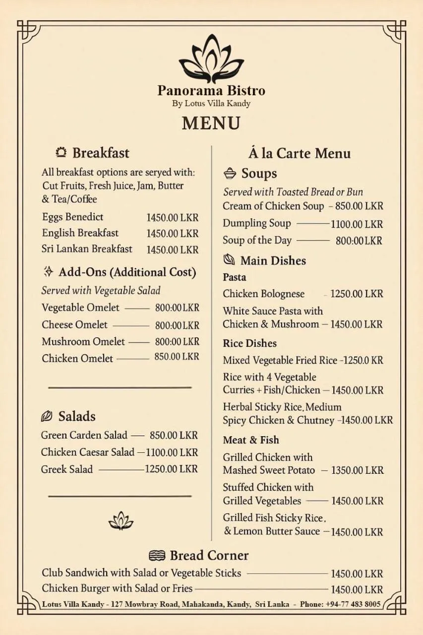 Food and drinks in Lotus Villa Kandy