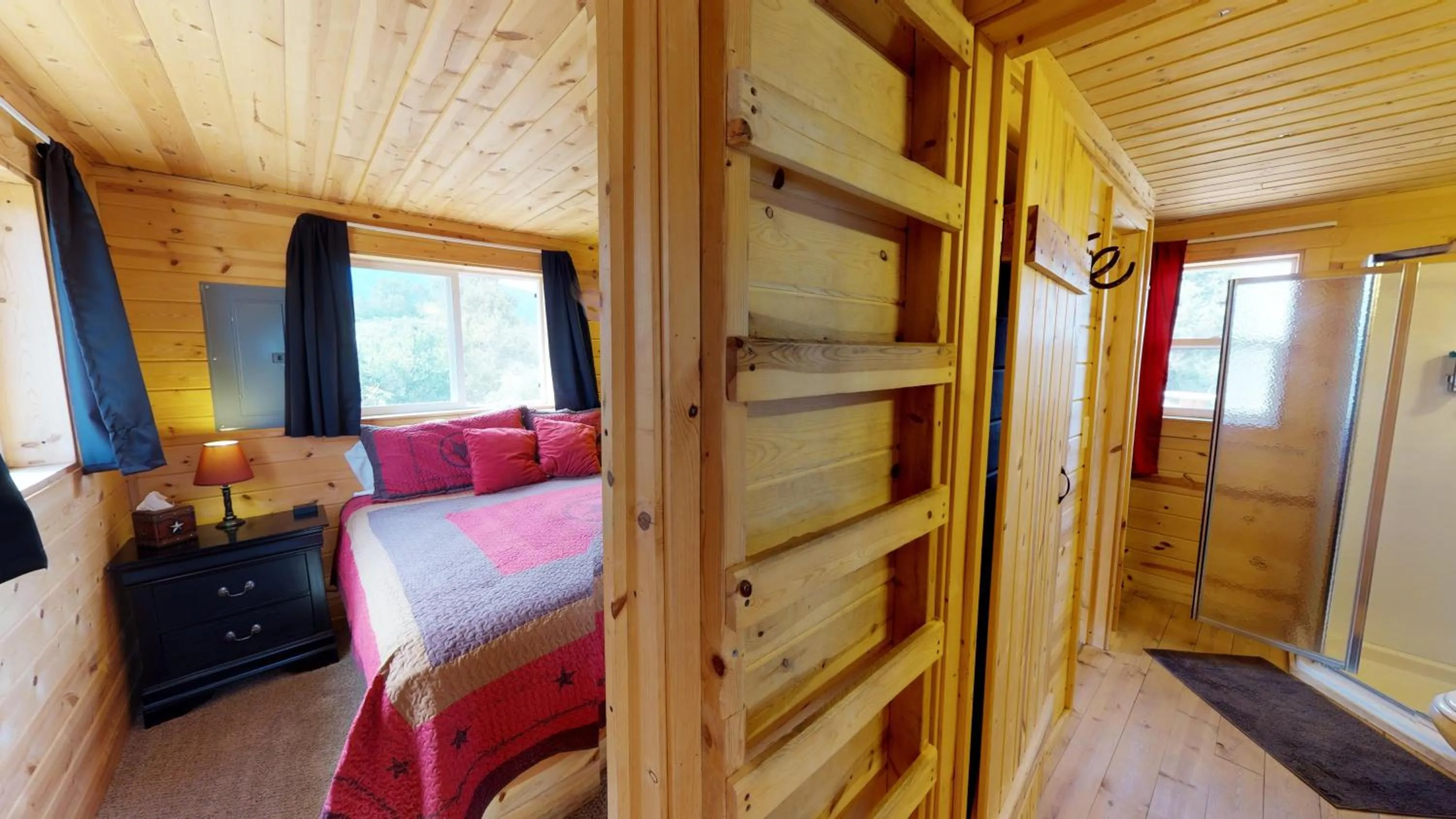 Bathroom, Bed in White Pine Cabin by Canyonlands Lodging
