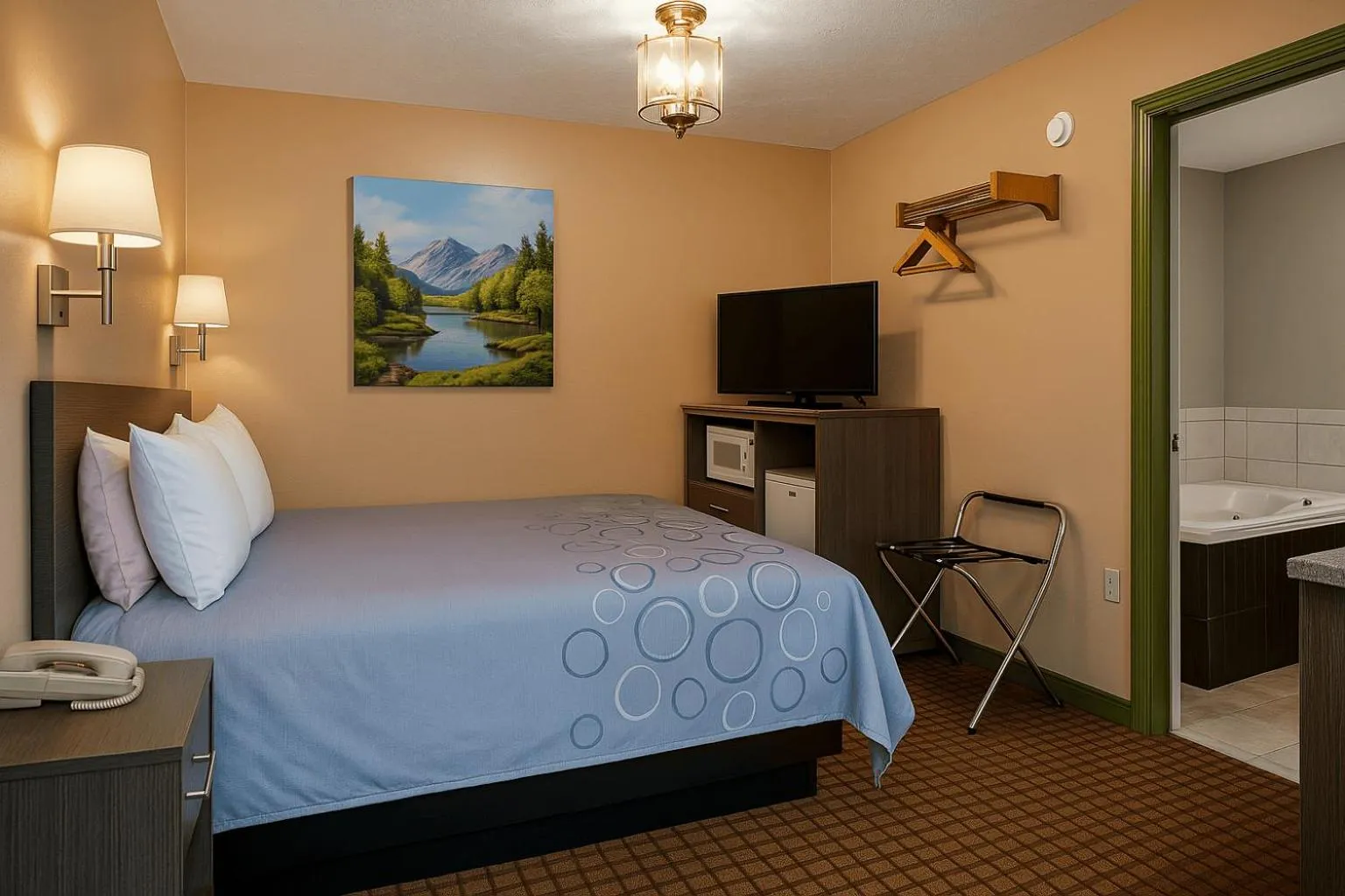 Communal lounge/ TV room, Bed in Pinconning Trail Inn Motel