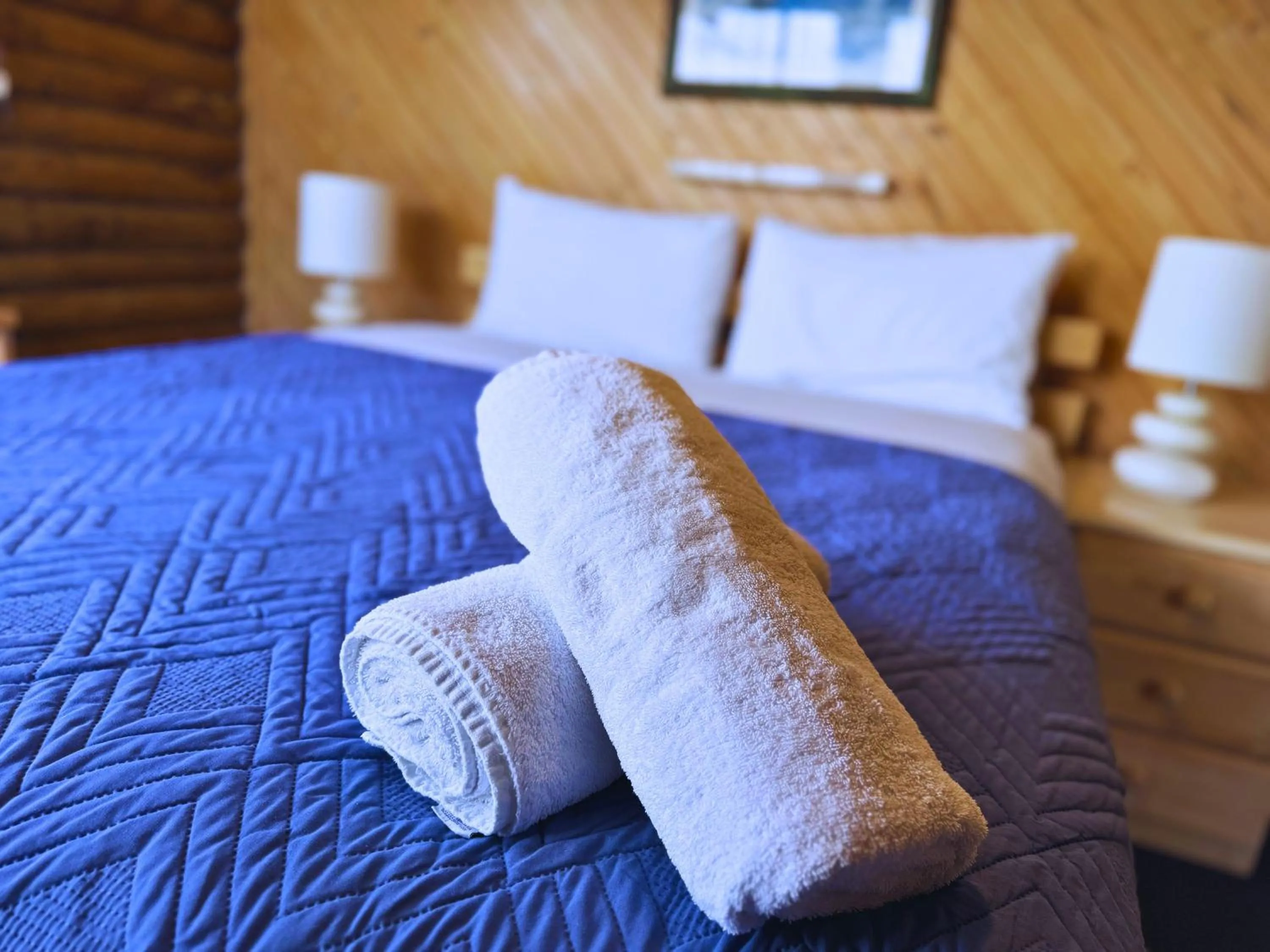 Shower, Bed in Lazy Acre Log Cabins
