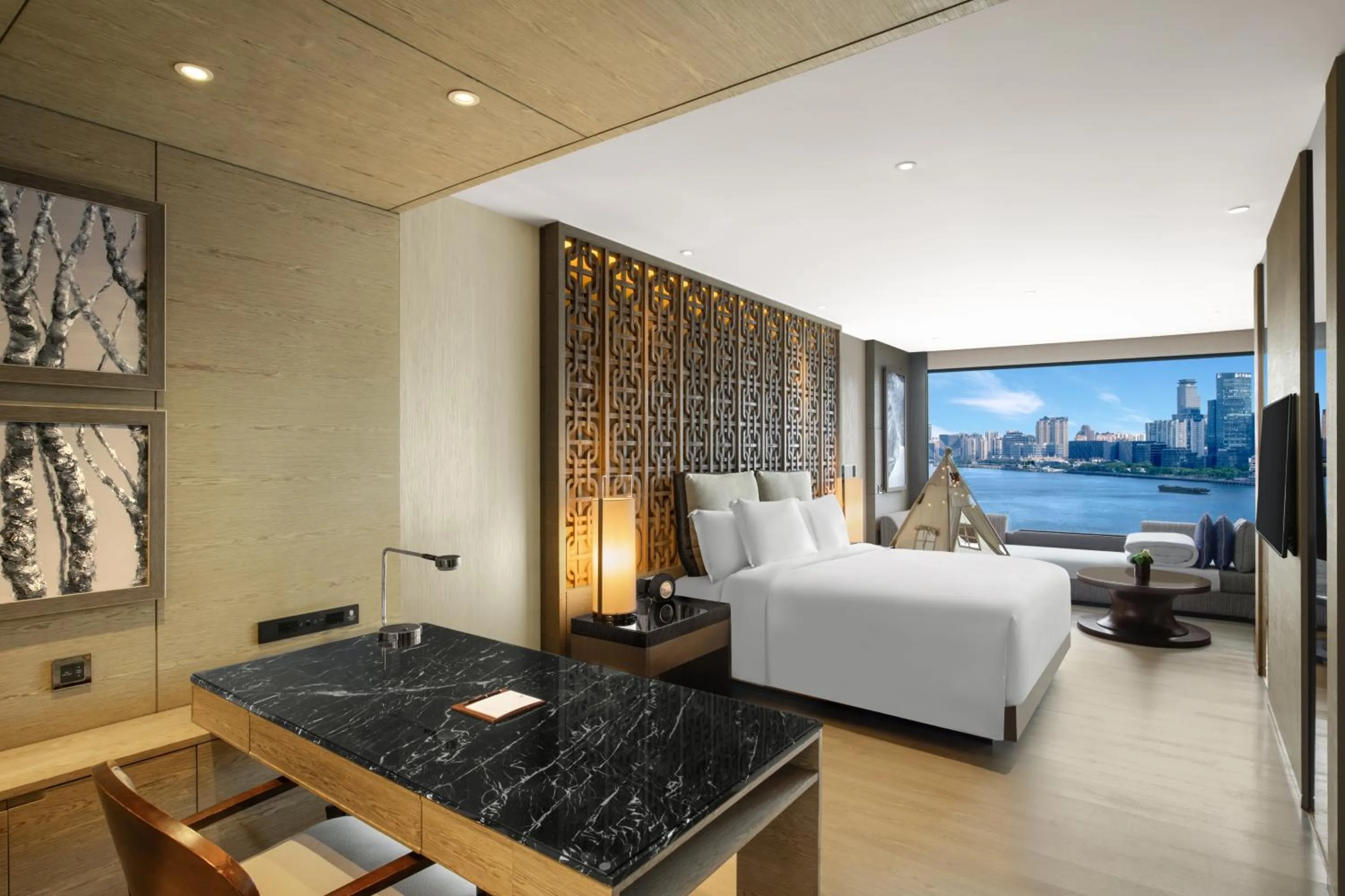 View (from property/room), Bed in Banyantree Shanghai On the Bund - Tales rooftop bar boasts a jaw-dropping panoramic vista