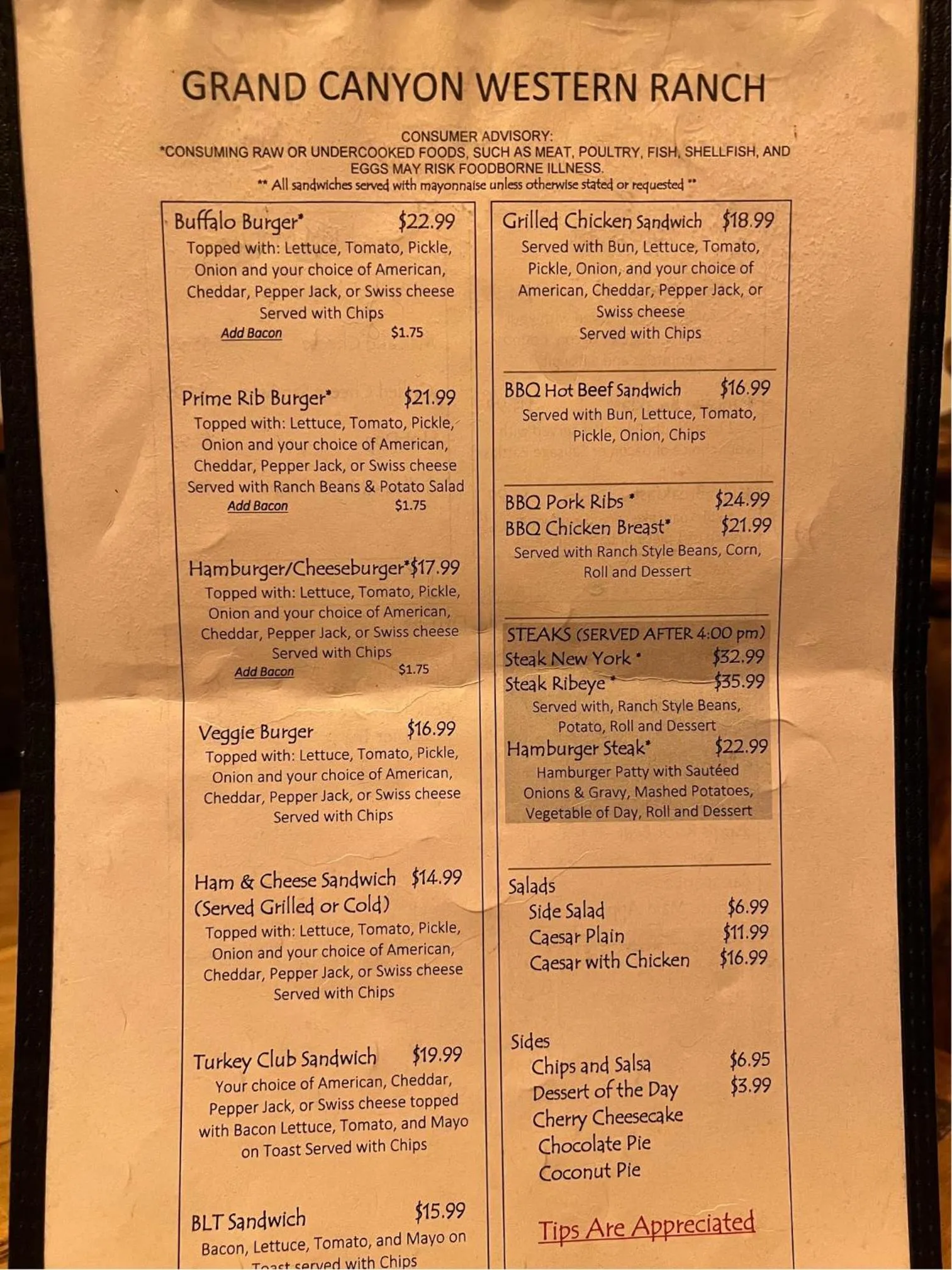 Restaurant/places to eat in Grand Canyon Western Ranch