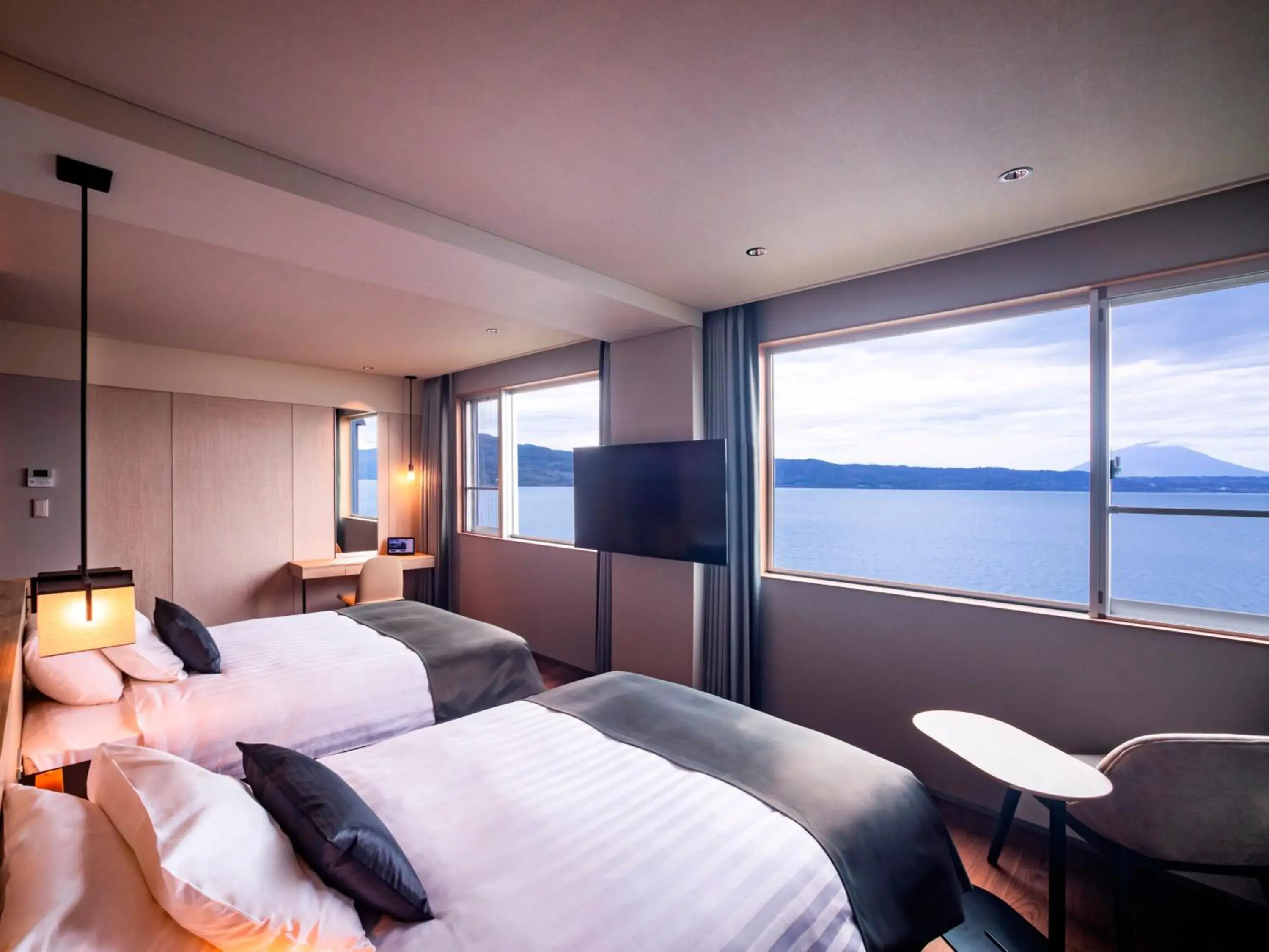 Natural landscape, Bed in The Lake View Toya Nonokaze Resort Natural landscape, Bed in The Lake View Toya Nonokaze Resort